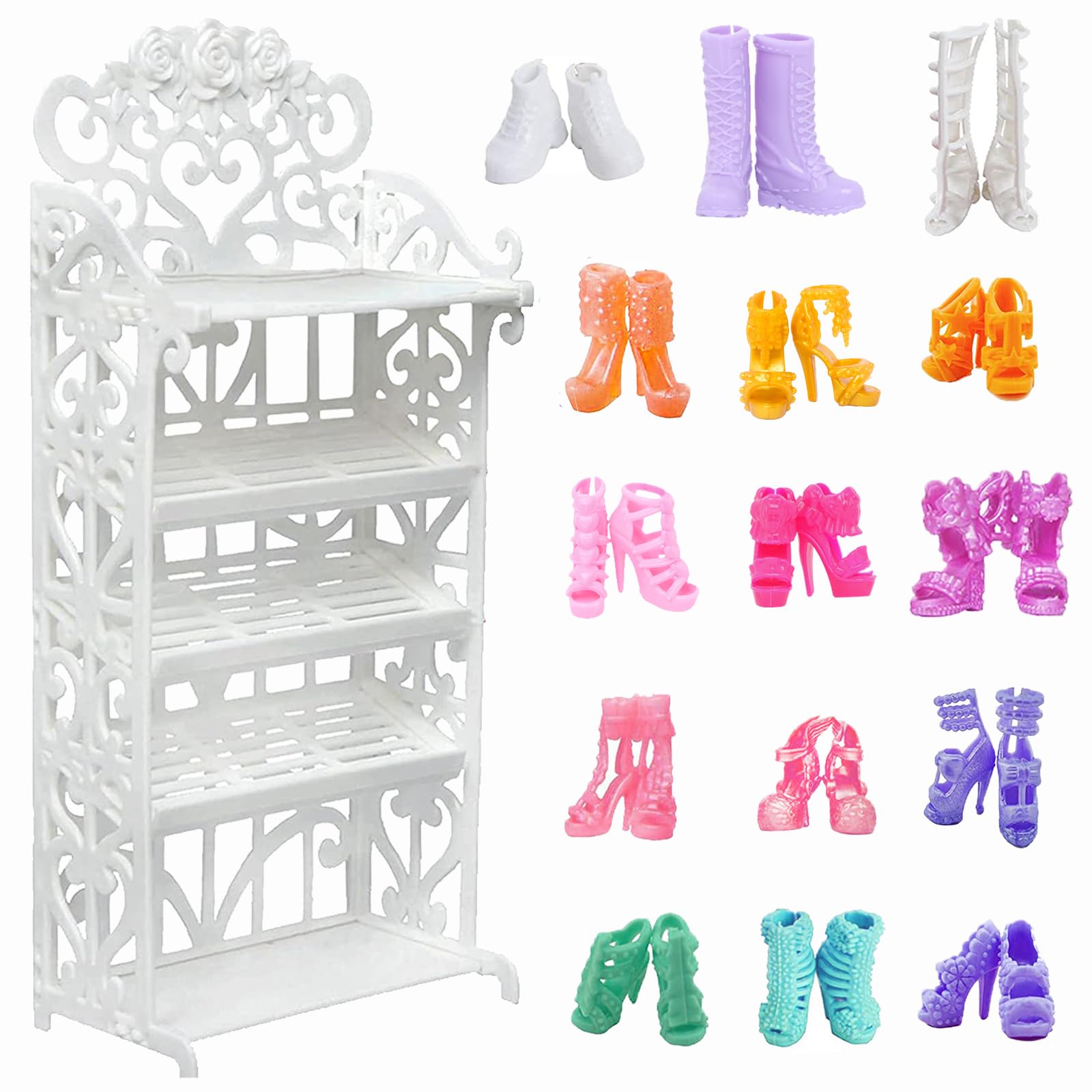 1 Doll Shoes Rack Shelf + 20 Pairs Shoes Set Accessories High Heel Boots Sandals Assorted Furniture for 11.5 Inch Girl Doll