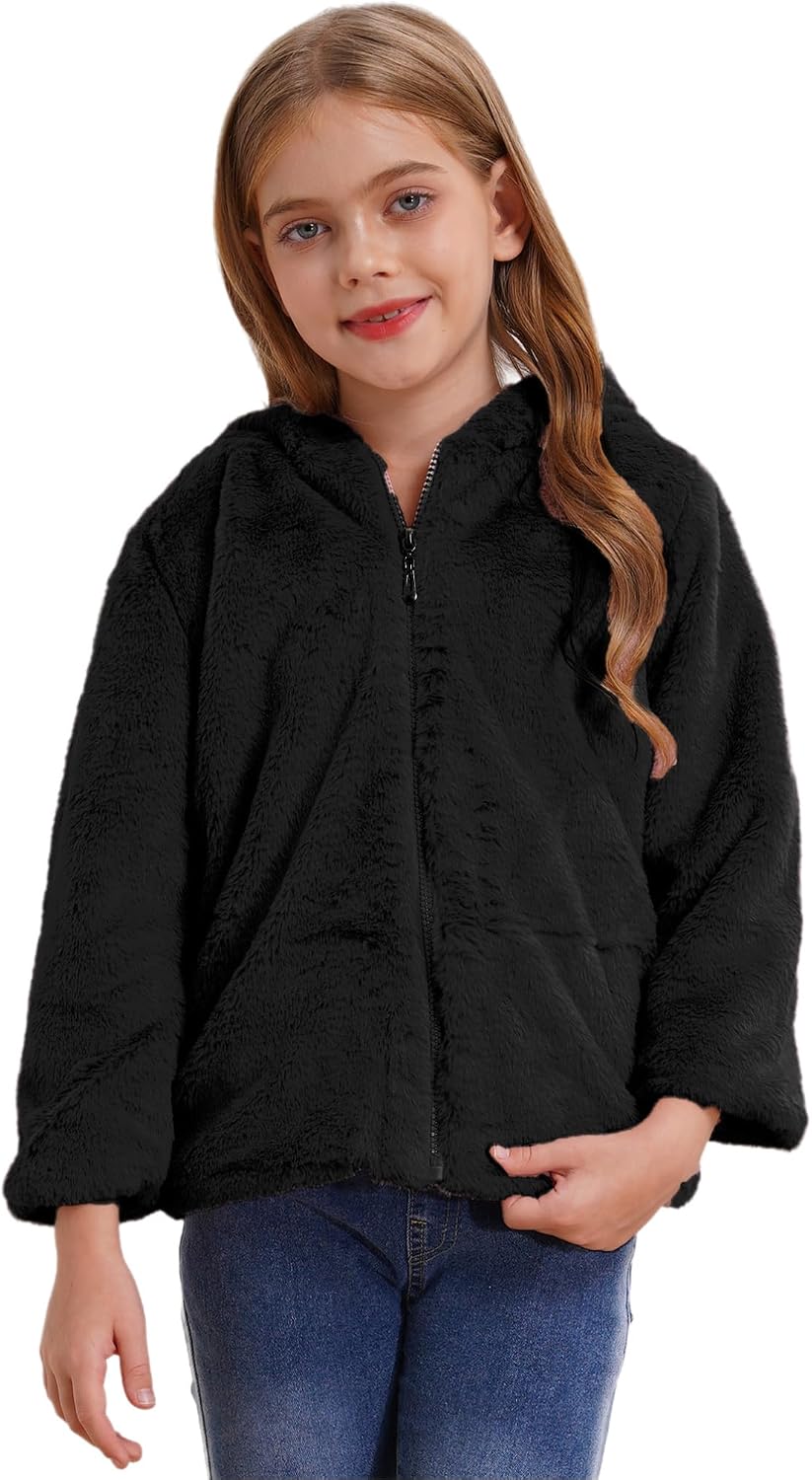 TiaoBug Kids Girls Winter Warm Coat Long Sleeve Faux Fur Cartoon Owl Applique Fleece Hooded Jacket Coat Outwear