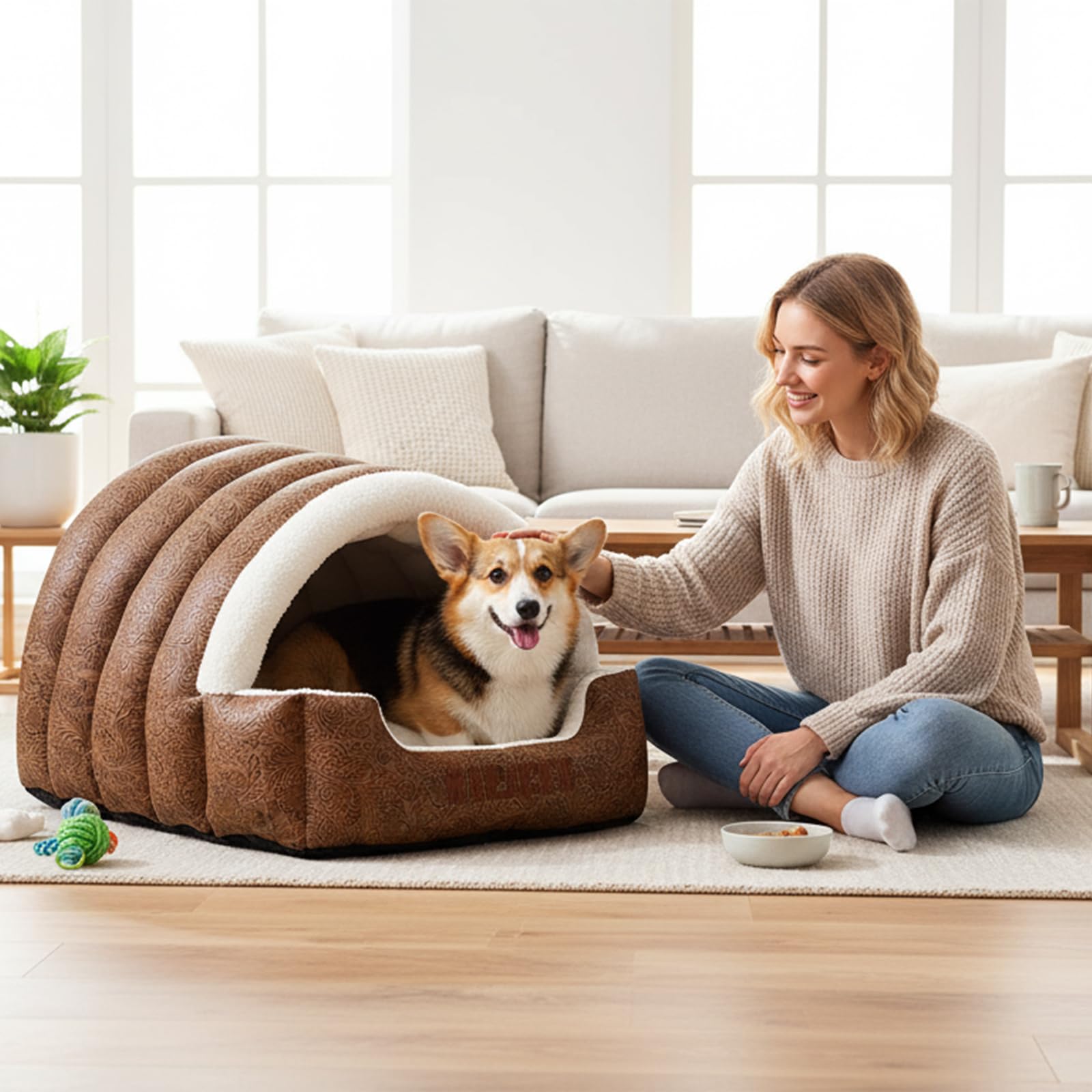 Galatée Cama para Perros, Nido Suave para Gatos con Cojín Desmontable, Cálido Refugio para Mascotas, Bonita Casa para Gatos con Base Antideslizante, Tienda De Campaña para Perros(2XL, Marrón)