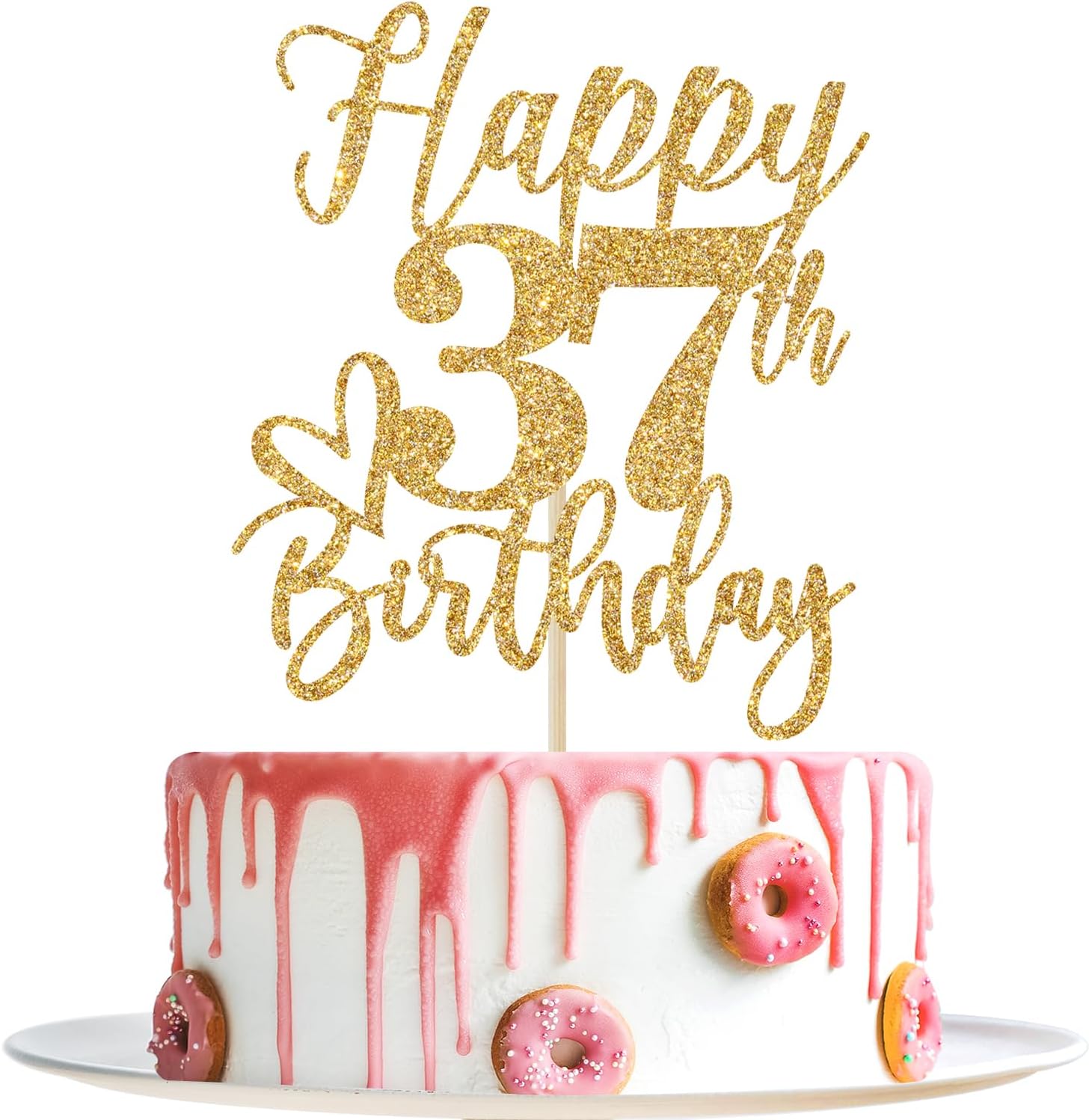 Gold Glitter Happy Birthday Cake Topper, Funny Happy Birthday Party Supplies (Happy 37th Birthday, Gold Glitter)