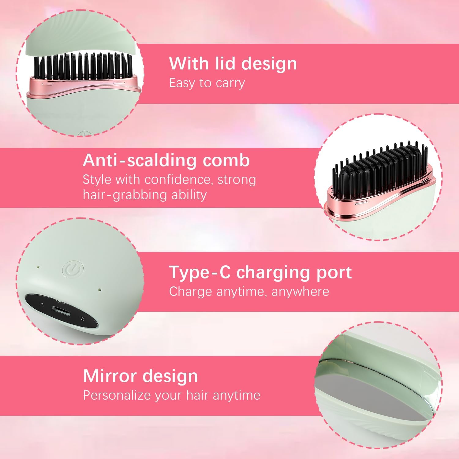 Mini Hair Straightener, Cordless&Rechargeable Portable Hair Straightener Brush with 3-Speed Temperature Control, Fast Heating Hot Comb&Anti-Scald Shell, Mini Straightener Brush for Home Travel Gift - Image 4