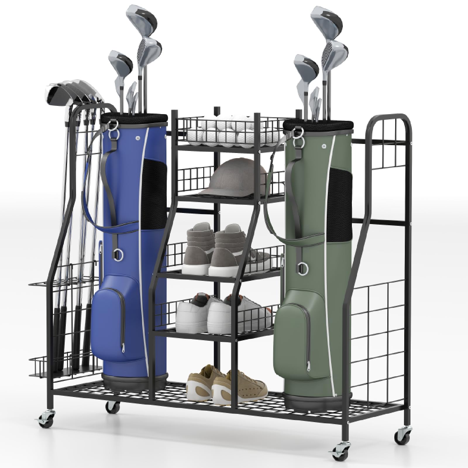 SPOTRAVEL Golf Storage Rack, Extra Large Golf Club Organizer with Lockable Universal Wheels and Removable Hanging Hooks, Golf Bag Stand for Golf Equipment Accessories (122 x 40 x 103cm)