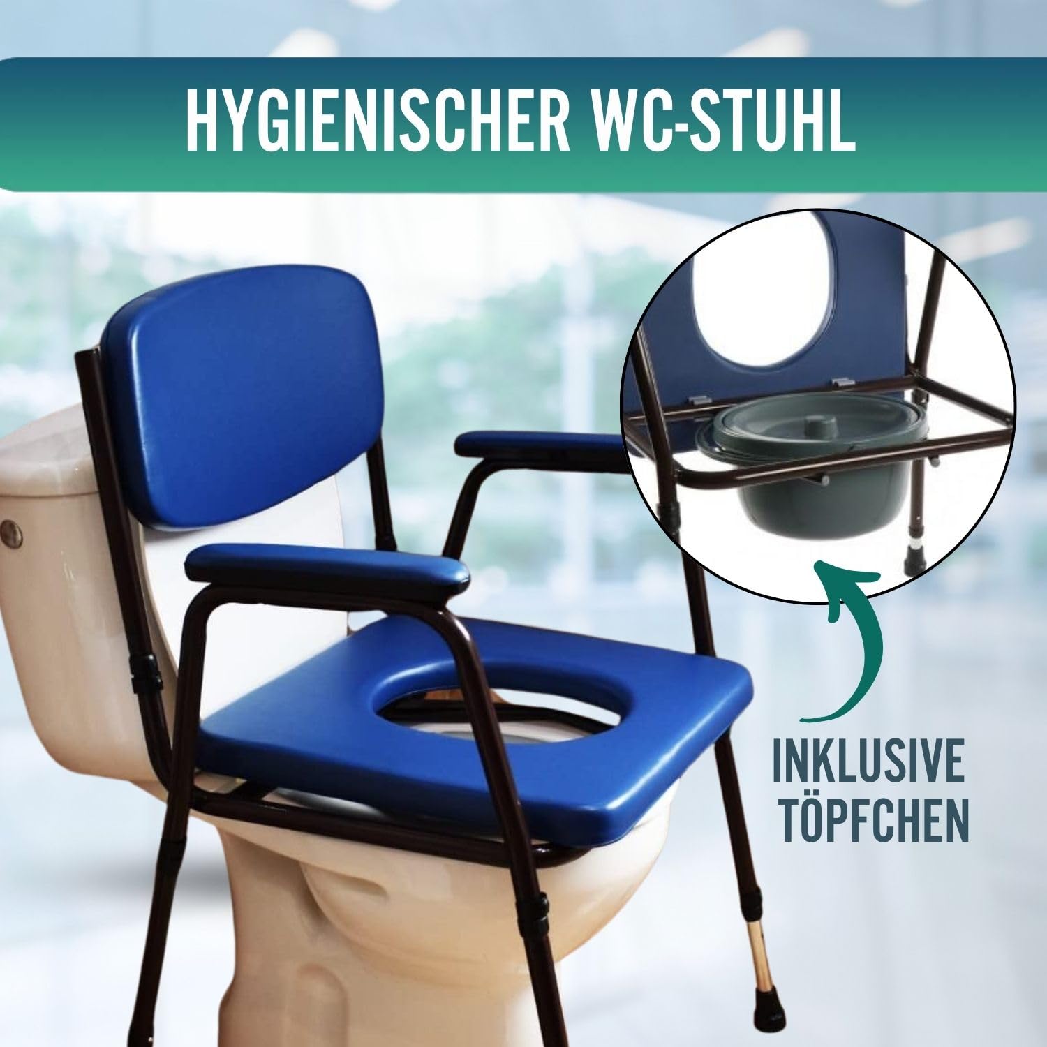 OrtoPrime WC-Stuhl, gepolstert, tragbar, verstellbar, tragbar, mit Bidet zum Anklippen, Badezimmerstuhl für ältere Menschen, Geriatrischer Badezimmerstuhl, komfortabel und strapazierfähig