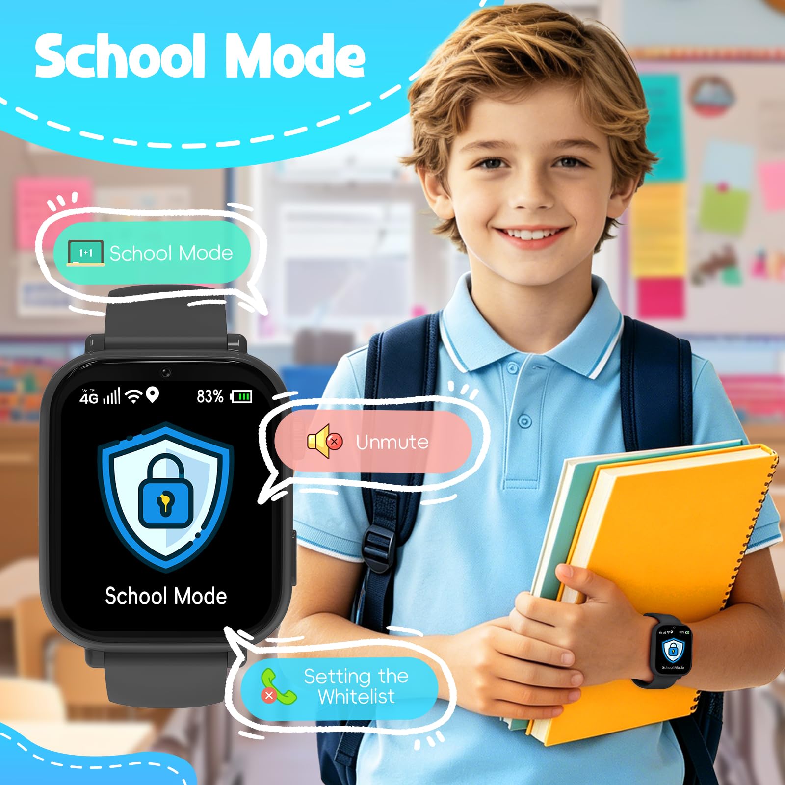 Alutoria Smartwatch Kinder mit GPS und Telefon, 4G Kinderuhr mit Videoanruf | Voice Chat, 2x Uhrarmband‌, SOS, Schulmodus, Schrittzähler, Uhr Kinder Smartwatch für Mädchen Jungen Geschenke, Schwarz