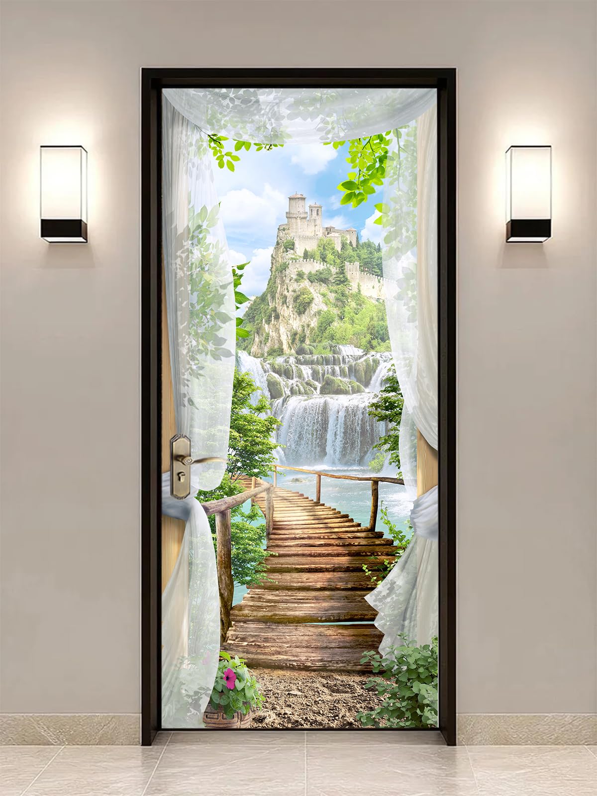 Autocollant de porte 3D château 77x200cm papier peint amovible imperméable
