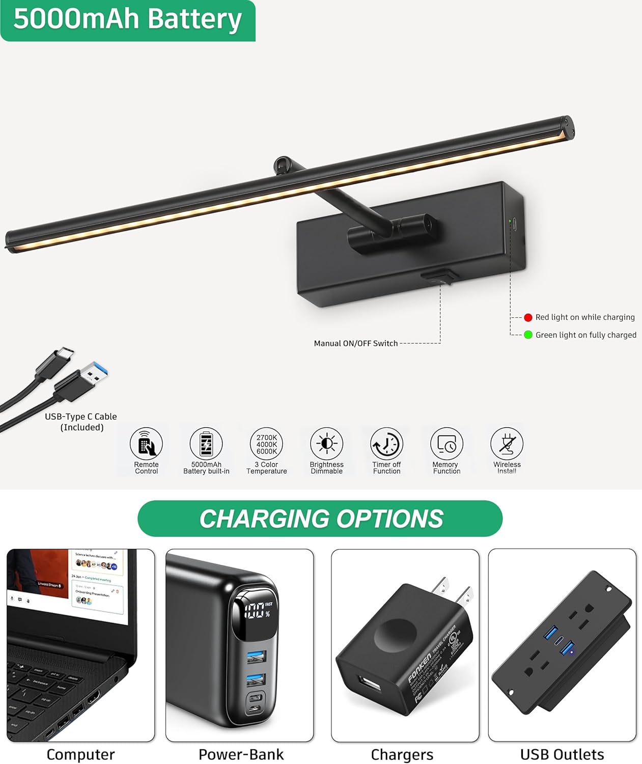 Battery Operated Picture Light with Wireless Remote 3CCT Dimmable Black Wall Art Lights for Paintings 3 Colors Rechargeable home decor Gallery Light 16’‘ Artwork Lighting for Canvas Timer Function
