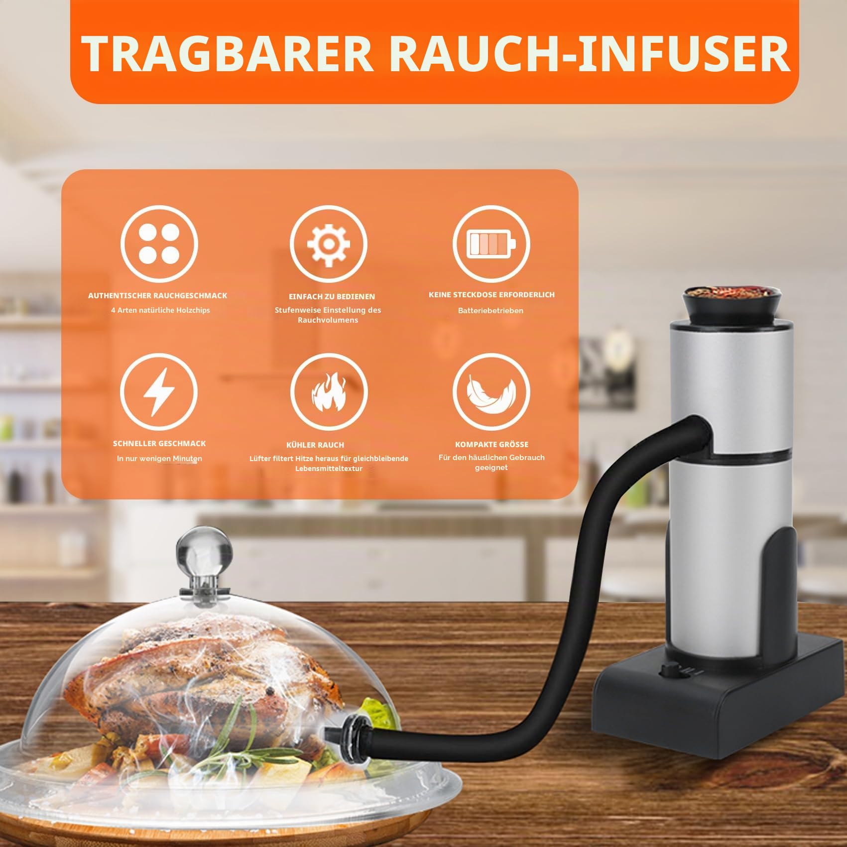 Smoking Gun Food, Smoker Portable Wood Smoke Infuser with Wood Chips, Food Kitchen Smoker Kit for Salad Meat Lachs Cocktails Cheese BBQ