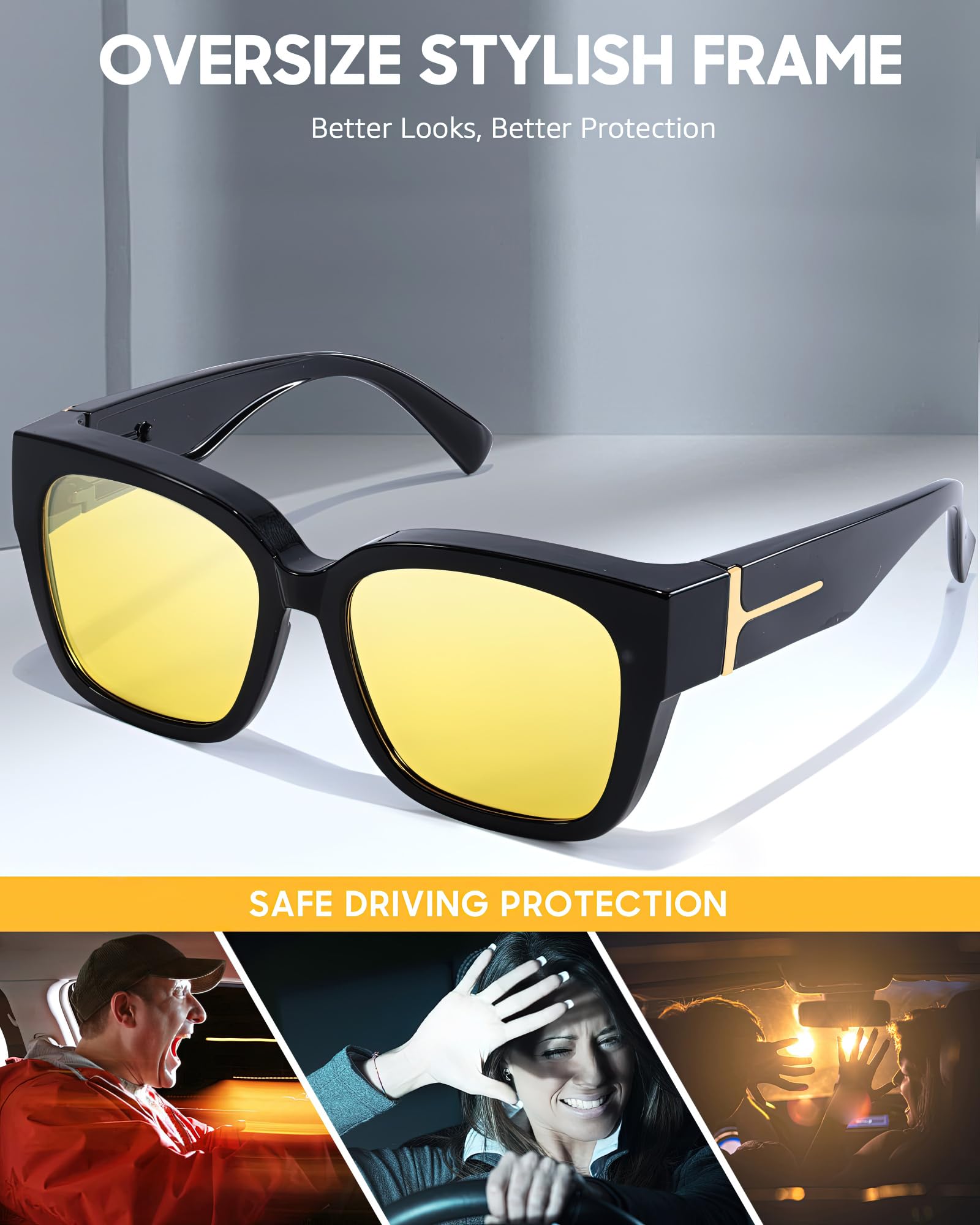 SIPHEW Polarisiert nachtfahrbrille für Brillenträger - Große Überbrille mit gelben Gläsern für Autofahrer: Überzieh-Nachtsichtbrille für Fahren bei Nacht und Tag UV400 Schutz