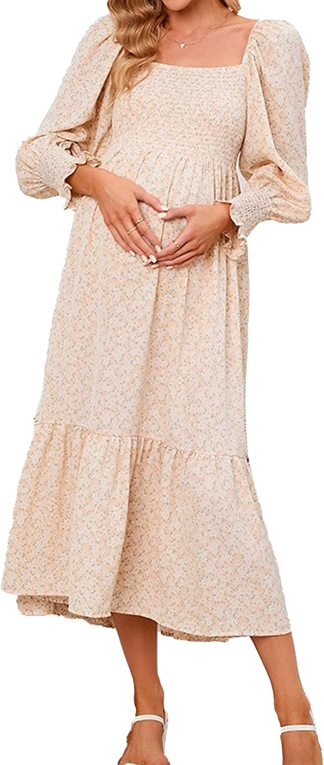 Womens Chiffon Maternity Dress Ruffle Long Sleeve Pregnancy Dress Causal A-Line Flower Print Dress for Photoshoot Shower