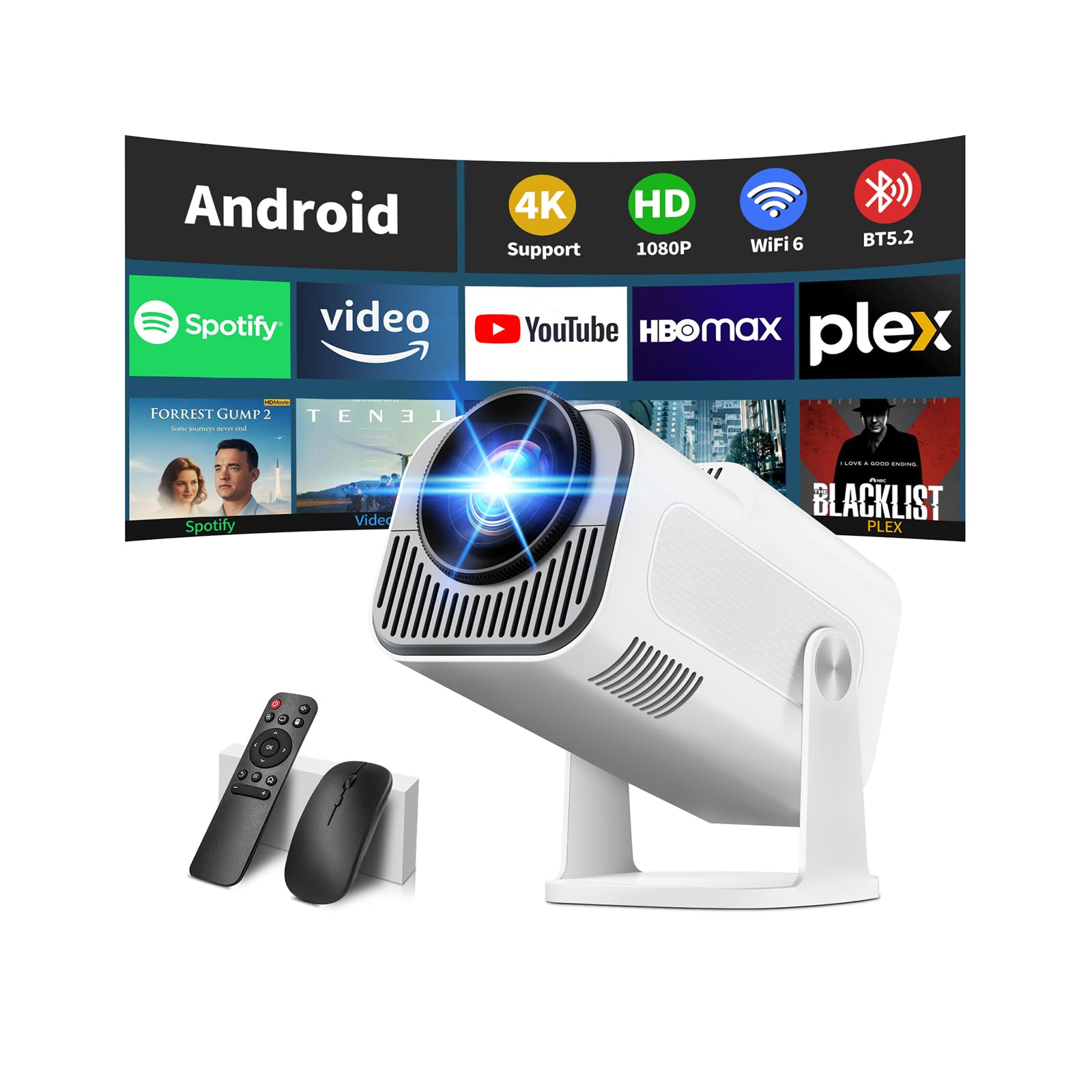 [App integrata & 2026 Upgraded] Proiettore 1080P 4K con WiFi 6 Bluetooth 5.2 Mini Proiettore Portatile Supporta Rotativo a 270°Auto Keystone Projector TV Stick/USB/HDMI/PC con Cavo HDMI & Mouse,Bianco