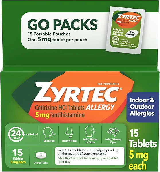 Zyrtec 24 Hour Allergy Relief Tablets, Indoor & Outdoor Allergy Medicine, 5 mg Cetirizine HCl per Antihistamine Tablet, Relief from Runny Nose & More, Individual Travel Pouches, 1 x 15 ct