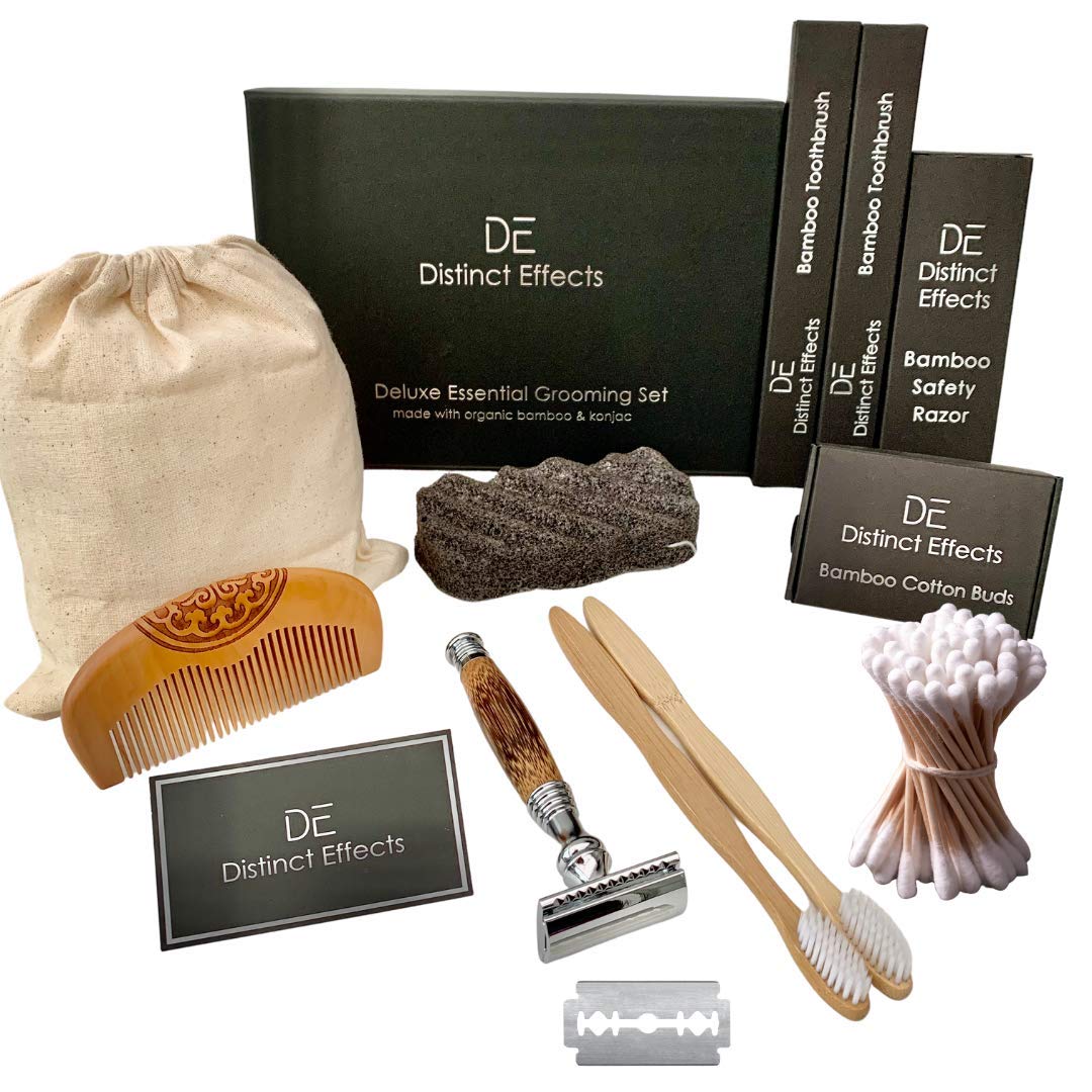 Deluxe Essential Grooming Kit Gift Set for Men - Double Edge Safety Razor with Long Bamboo Handle, Bamboo Toothbrush, Buds, Comb, Eco Konjac Sponge
