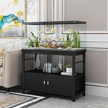 55-75 Gallon Fish Tank Stand, Metal Frame Aquarium Stands, with Shelves and Storage Cabinet for Fish Tank Accessories Storage, for Home Office Black frame + black 60x40x70cm