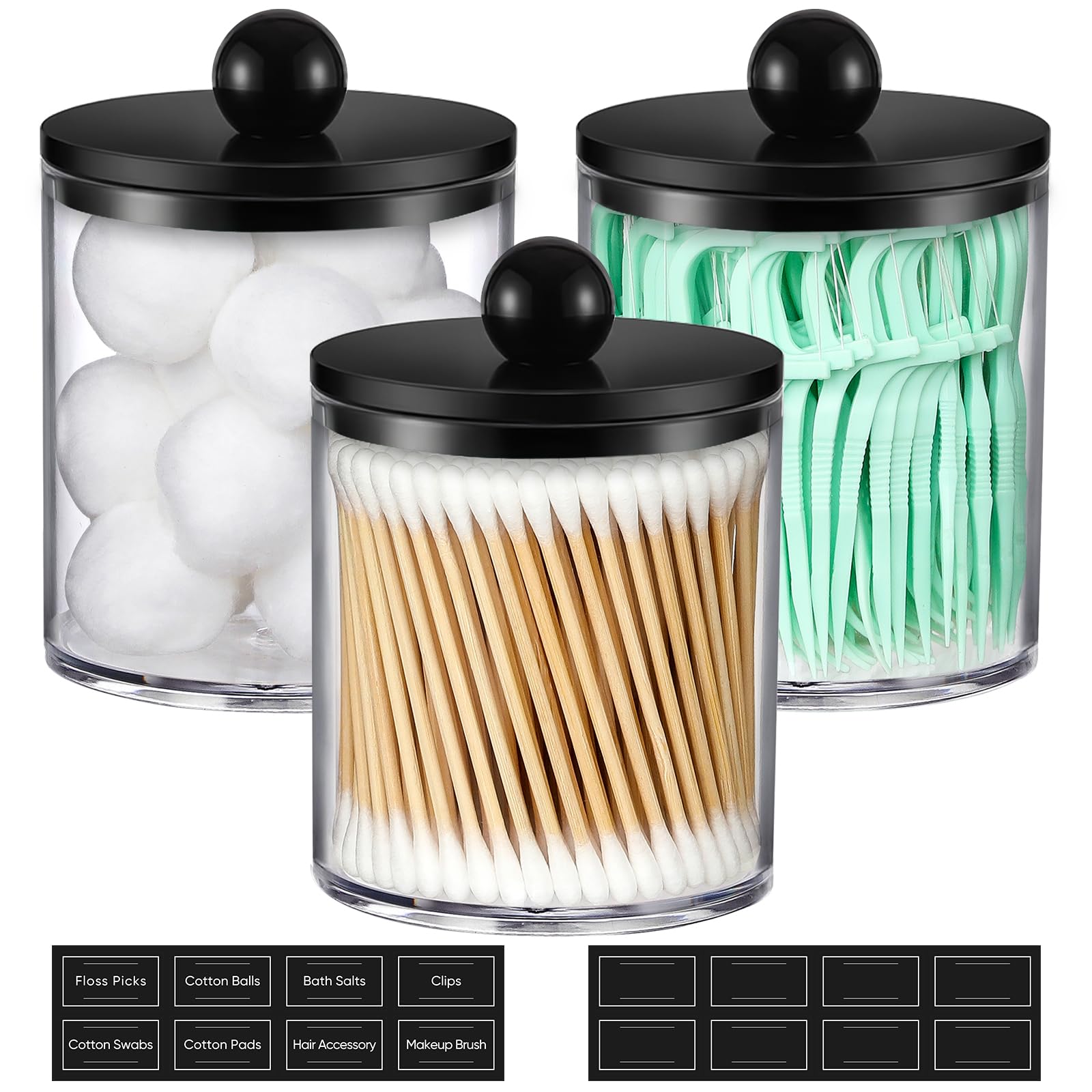 3 Pack Acrylic Qtip Holder Dispenser for Cotton Swabs Balls Pads Floss - Plastic Canister Apothecary Jar Set