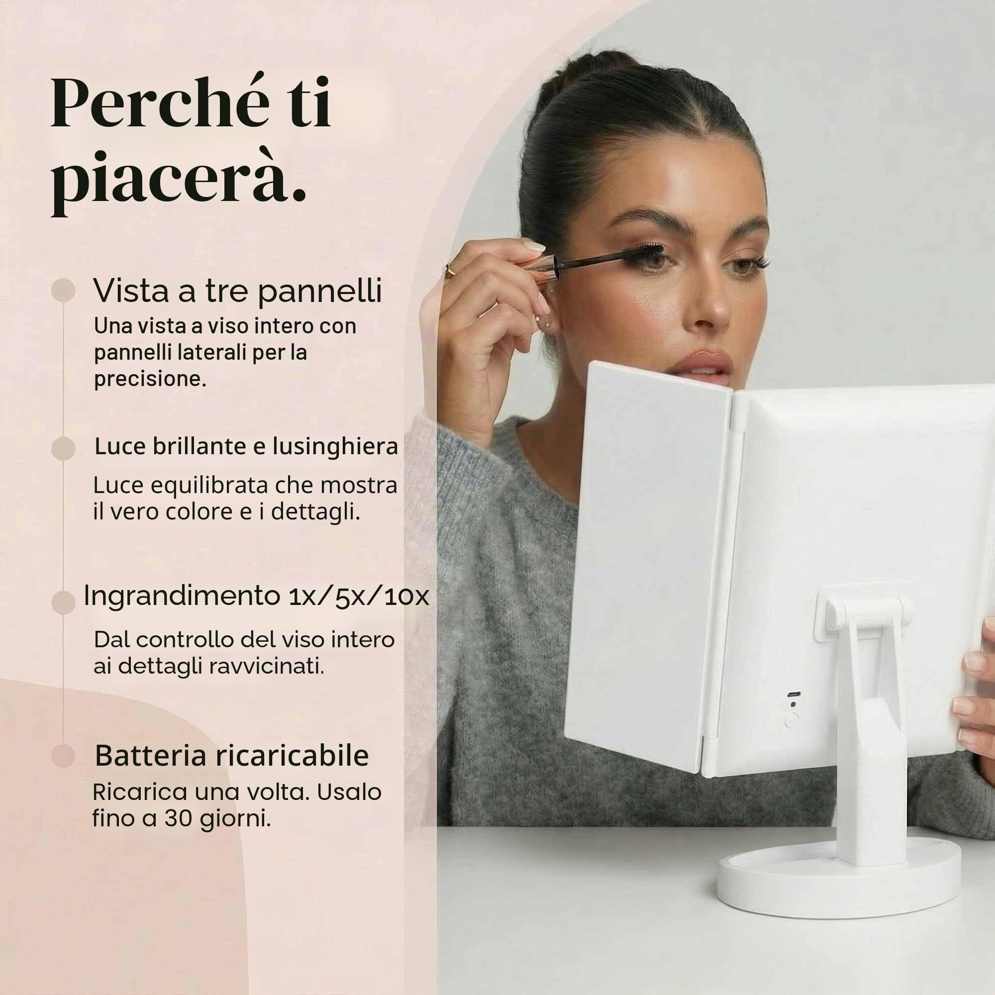 Fancii Specchio per il Trucco con Luci LED, 10x /5x/1x Ingranditore, Ricaricabile - 68 Dimmerabile Luci, Touch Screen, Specchio da Tavolo Regolabile, Supporto Cosmetico, Tria 2