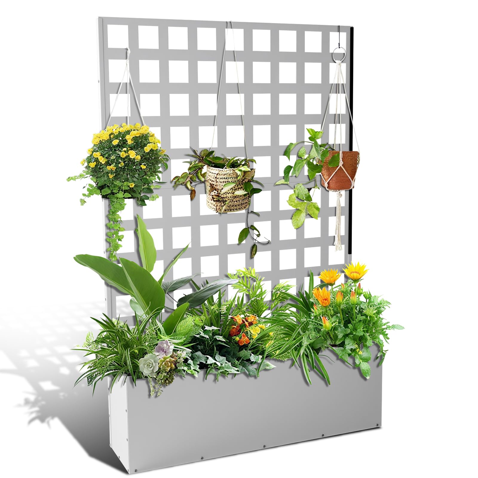 Metal Garden Bed with Trellis, 180 x 118 x 30cm Large Raised Trellis Planter with Drainage Holes for Climbing Plants, Freestanding Raised Planter Box with Privacy Screen for Patio & Garden, White
