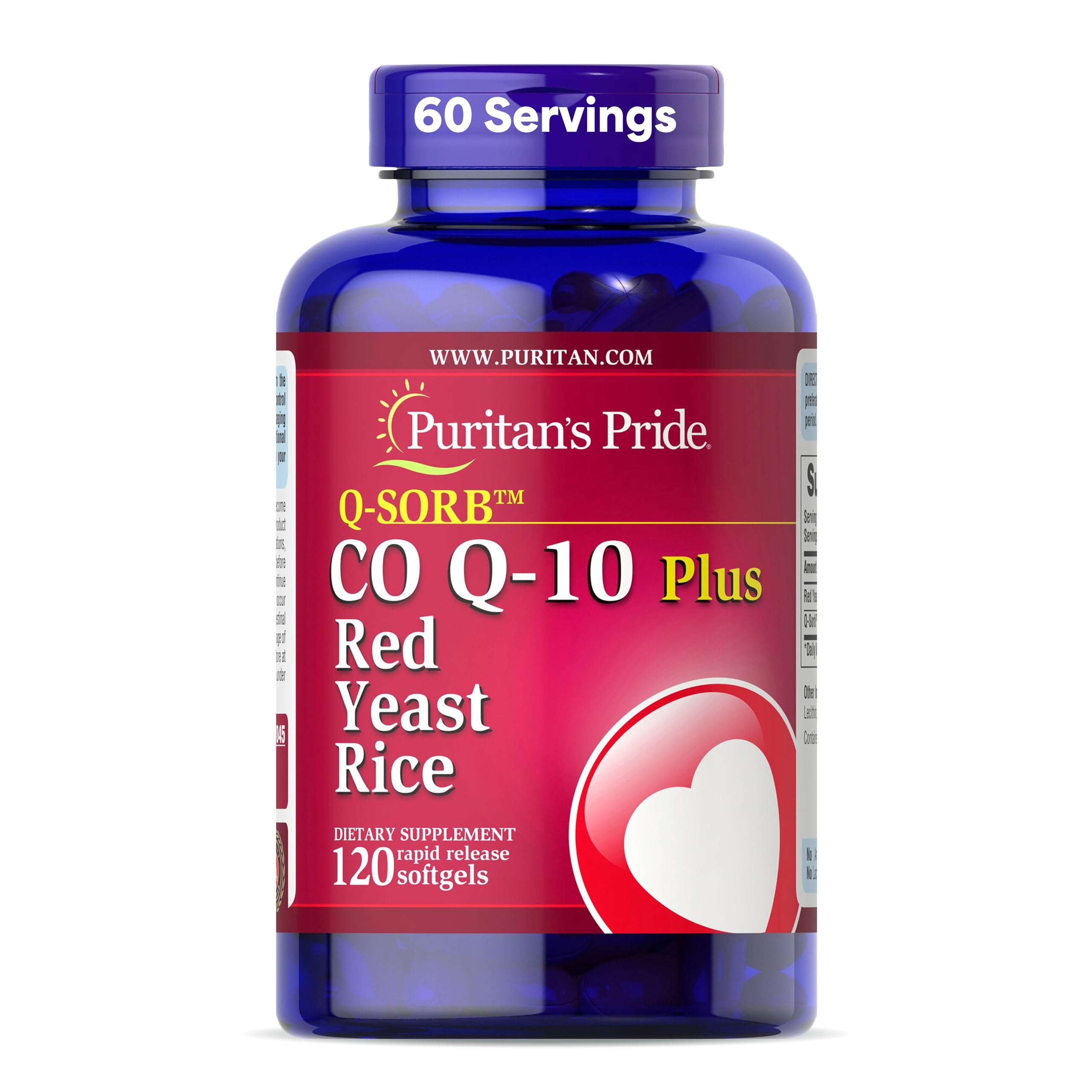 Puritan's Pride Q-Sorb™ Coenzyme CoQ10 Dietary Supplement for Heart Health, Oral Gum Health, and Healthy Aging Support, Plus Red Yeast Rice for Improved Digestion, 120 Rapid Release Softgels