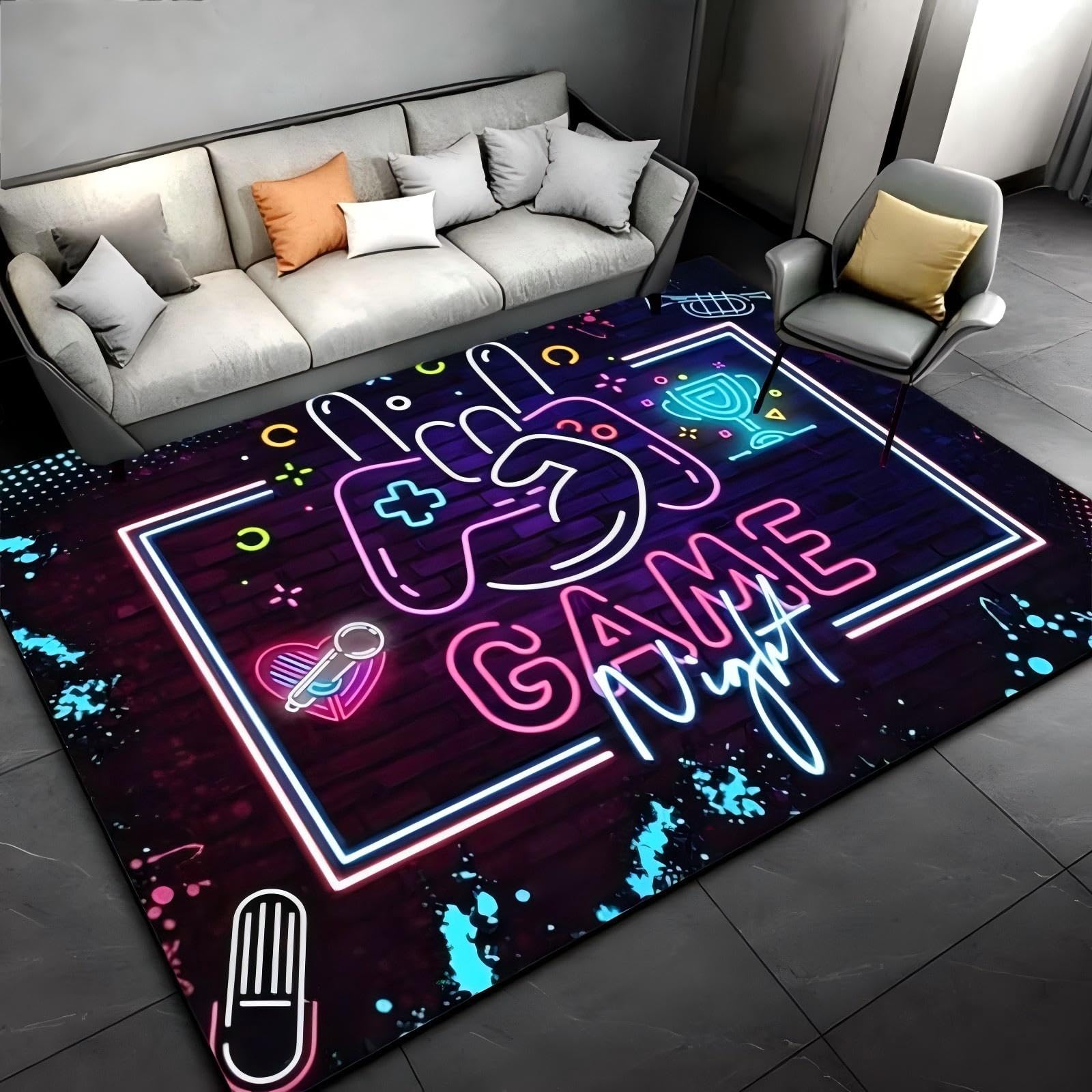 SMXVRC Game Theme Children's Rug, 140x200cm, Game Night Gamer Rugs for Bedroom, Neon Game Controller Winner Indoor Mat, Low Pile Non-Shedding Easy Clean Carpet for Bedside Indoor Dorm