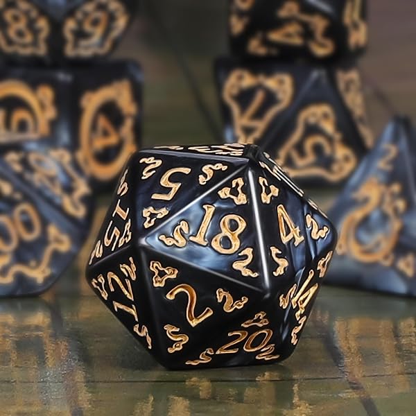 QMAY Set di Dadi Poliedrici per Dungeon and Dragons MTG RPG D&D - 7 Pezzi con D20, D12, D10, D%, D8, D6, D4 (Motivo Drago Nero) - 3