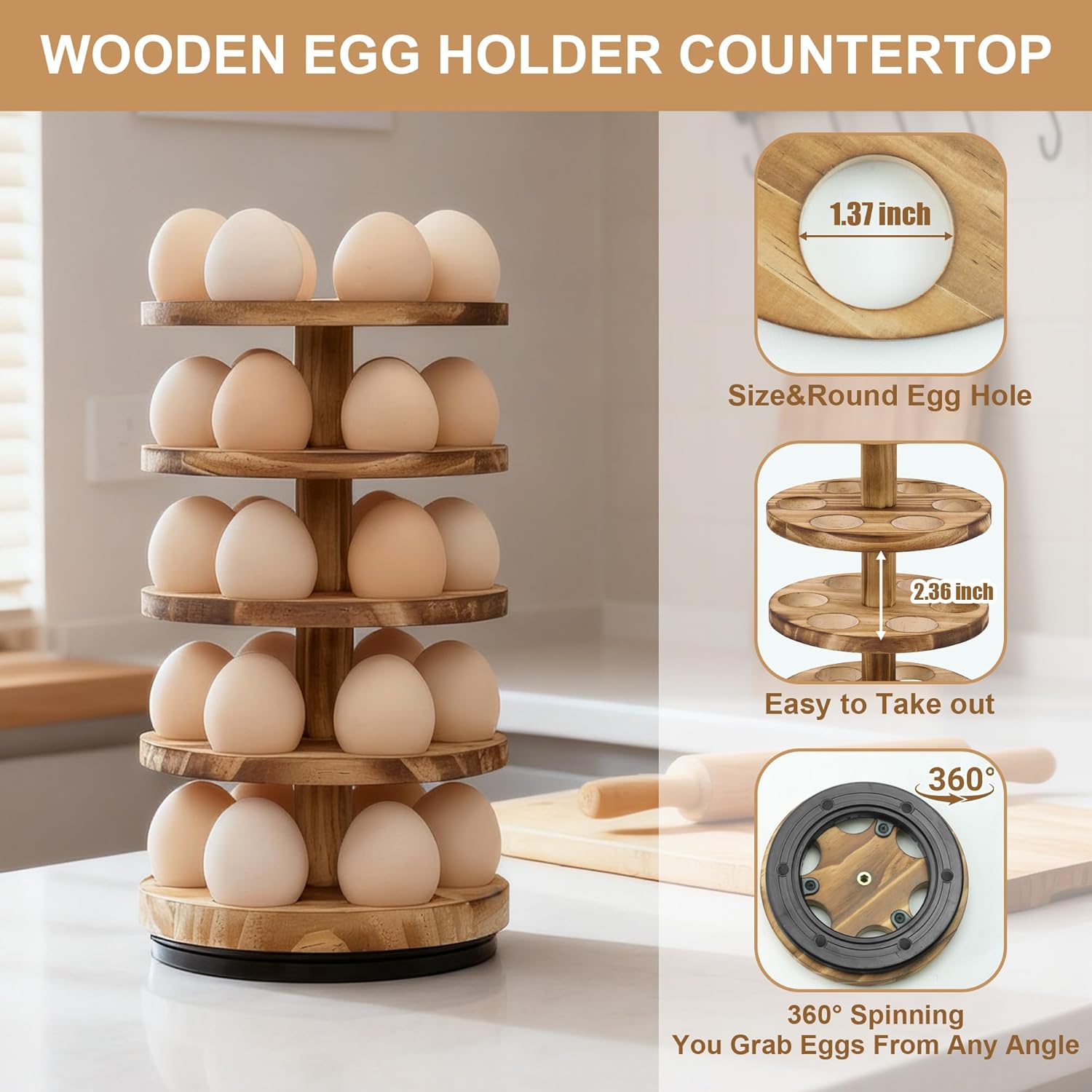 Wooden Fresh Egg Holder Countertop, 5 Layer Rotating Countertop Egg Holder for Fresh Eggs, Stackable with 30 Eggs for Countertop Kitchen, Pine - Image 3