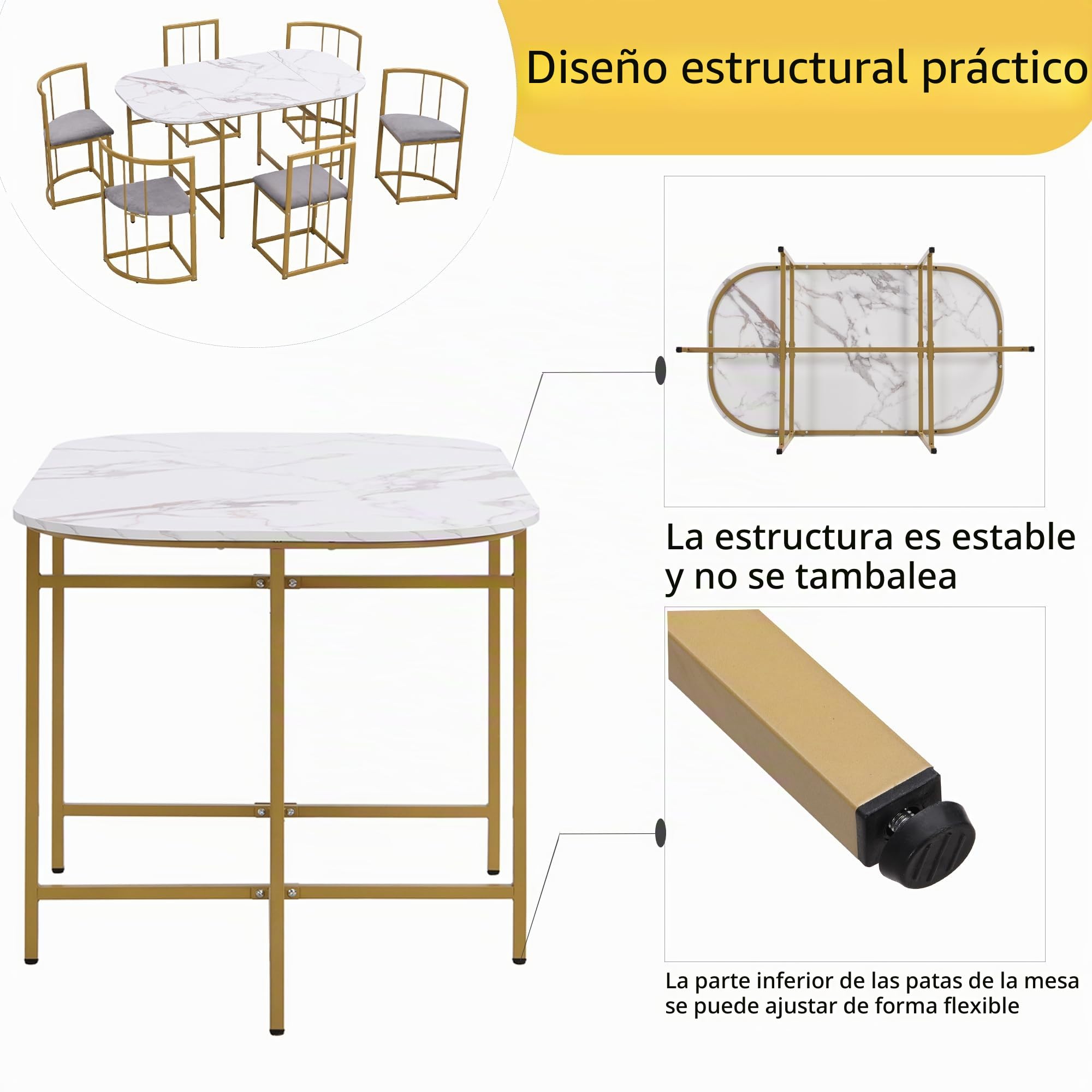 Juego de mesa de comedor blanco, sillas con 6 respaldos y tapicería gris, estructura de hierro chapado en oro, mesa de comedor y juego de sillas, moderno