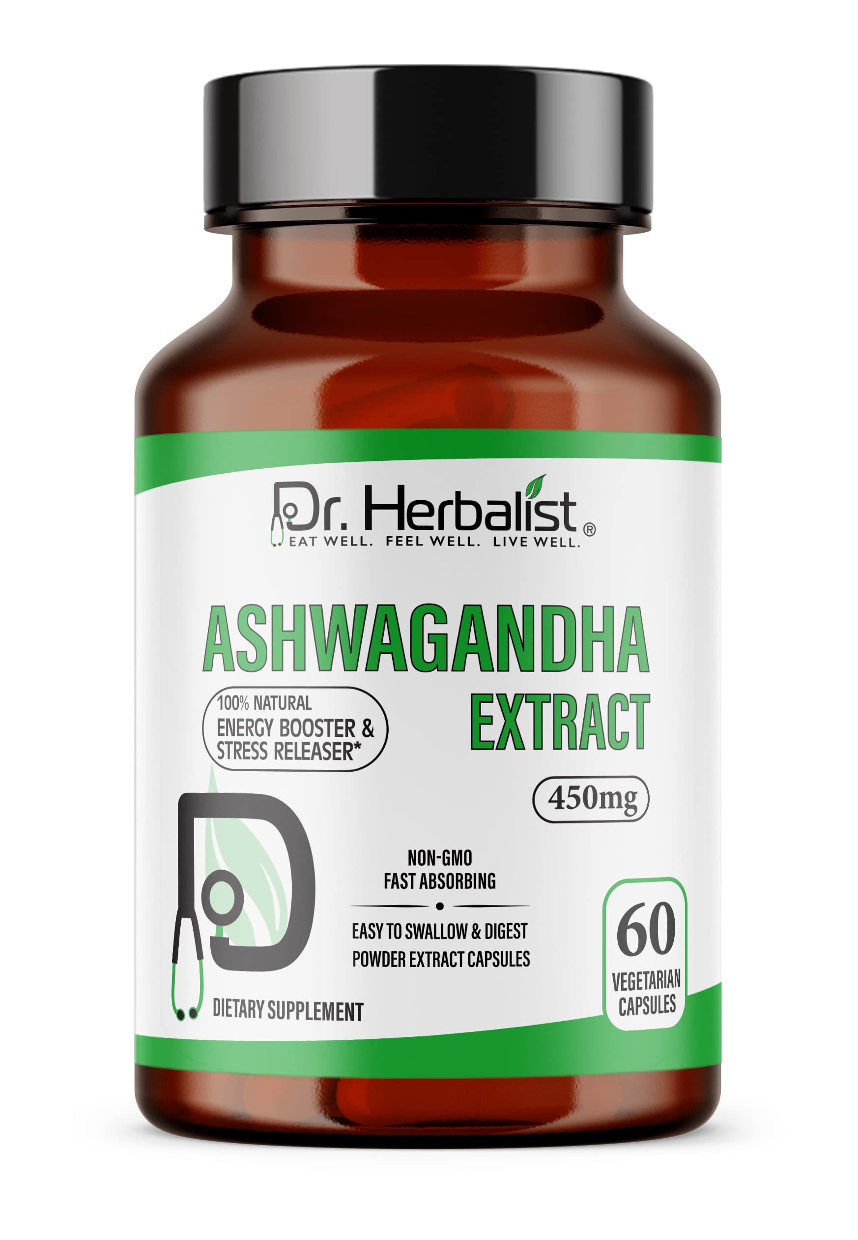 Ashwaghanda Extract 450mg - 60 Capsules| Non-GMO | Fasting Absorbing | Vegetarian