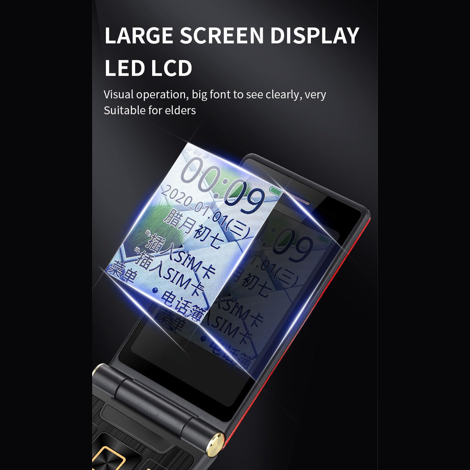 Telefon Komórkowy M1 2G GSM z klapką dla Seniorów, Odblokowany Podwójny Ekran Dual SIM Duże Przyciski 2,4-calowy Telefon Komórkowy HD z Przyciskami SOS, latarką, podświetleniem.
