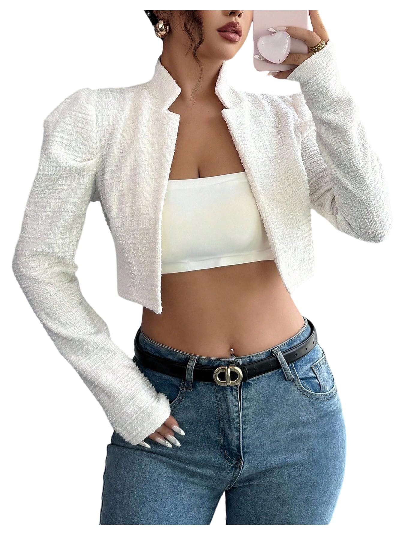 SHENHE Womens Business Casual Cropped Blazer Open Front Puff Sleeve Elegant Dressy Jacket