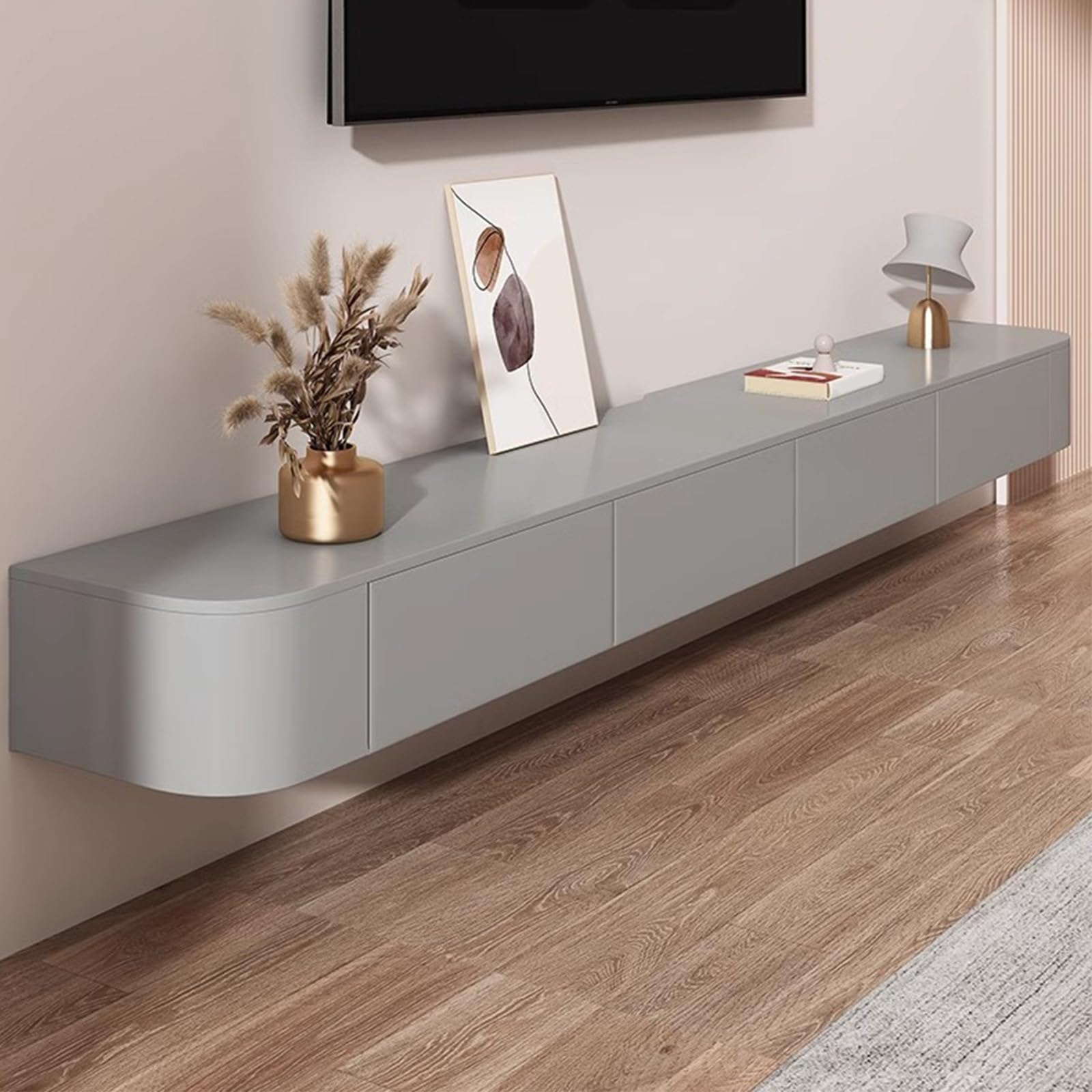 Nowoczesna szara szafka pod telewizor naścienna elegancka pływająca jednostka rozrywkowa z drzwiami stylowa podstawka pod telewizor do salonu wielofunkcyjna konsola (220 cm)