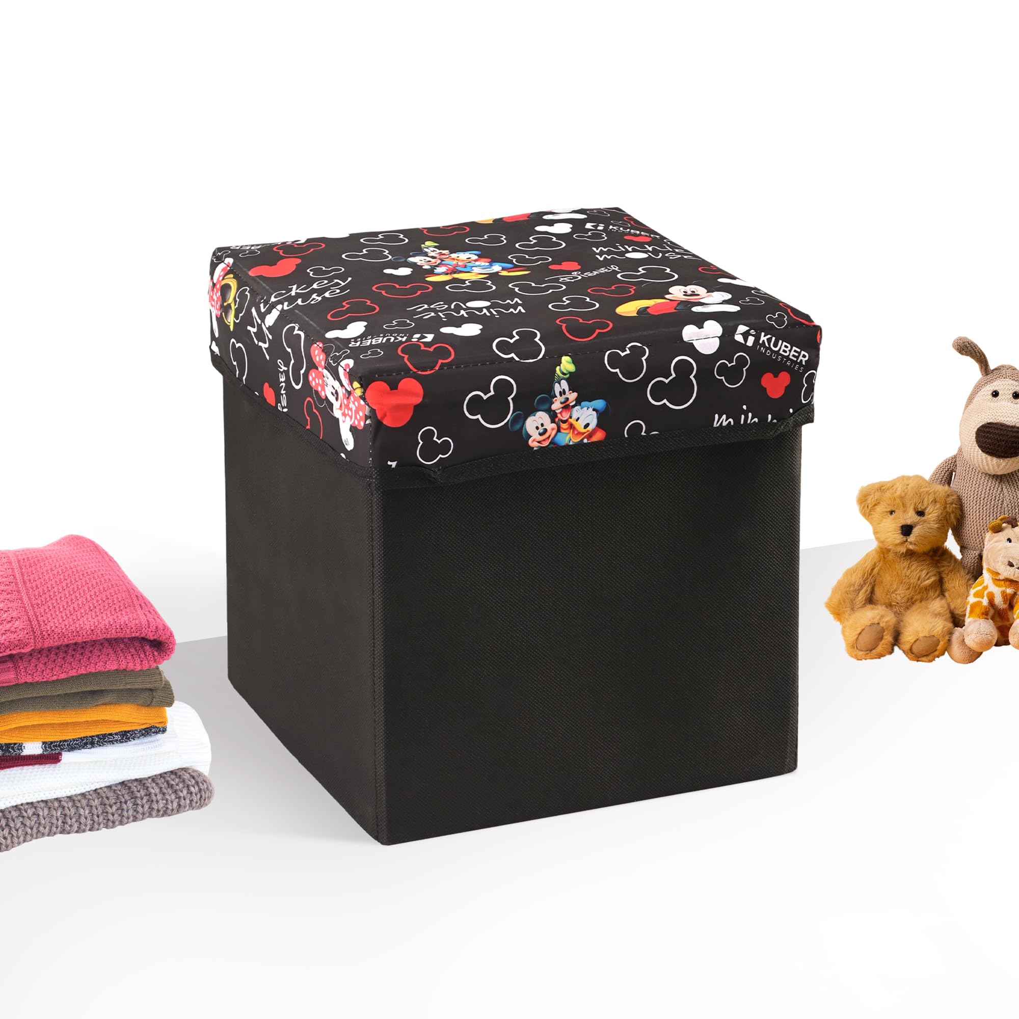 Kuber Industries 22L Folding Seating Stool | Sitting Stool for Living Room & Bedroom | Storage Stool for Footrest, Dressing Table | Sofa Stool And Bedside Table with Storage | Disney Team | Black-image-20