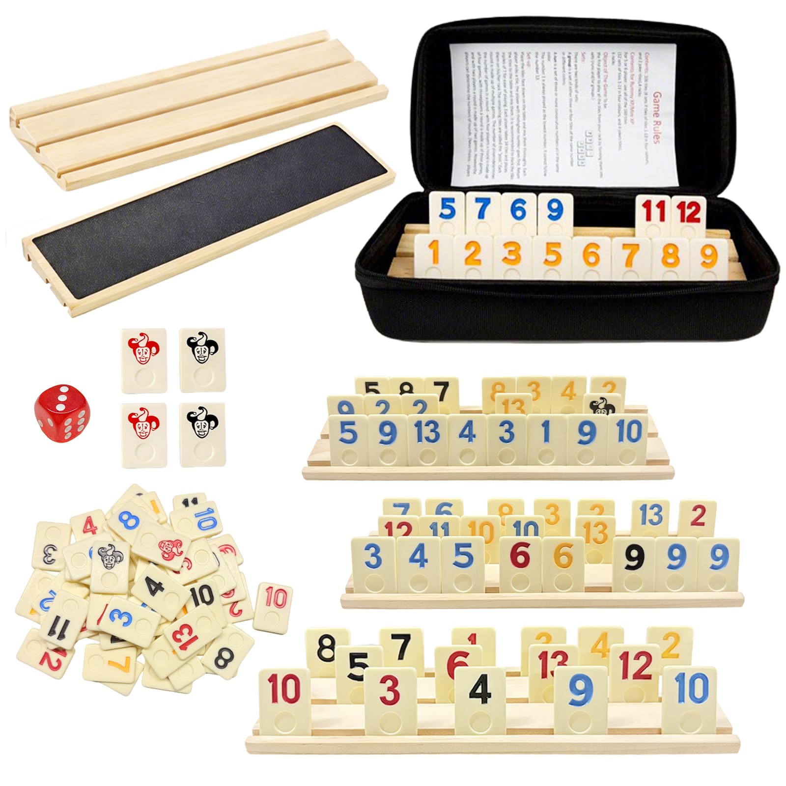 Rummy Spiel Set für 2–6 Spieler mit 160 Steinen, 6 Holzhalter, Würfel & Aufbewahrungsbox – Klassisches Brettspiel, Familienspiel & Reisespiel für Kinder und Erwachsene