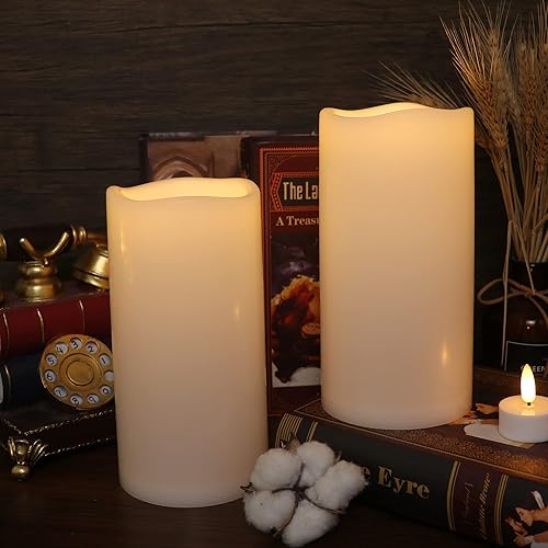 Miniatura 4 de GenSwin Velas sin llama impermeables de 8 x 4 pulgadas para exteriores, funcionan con pilas con temporizador remoto, velas LED parpadeantes grandes