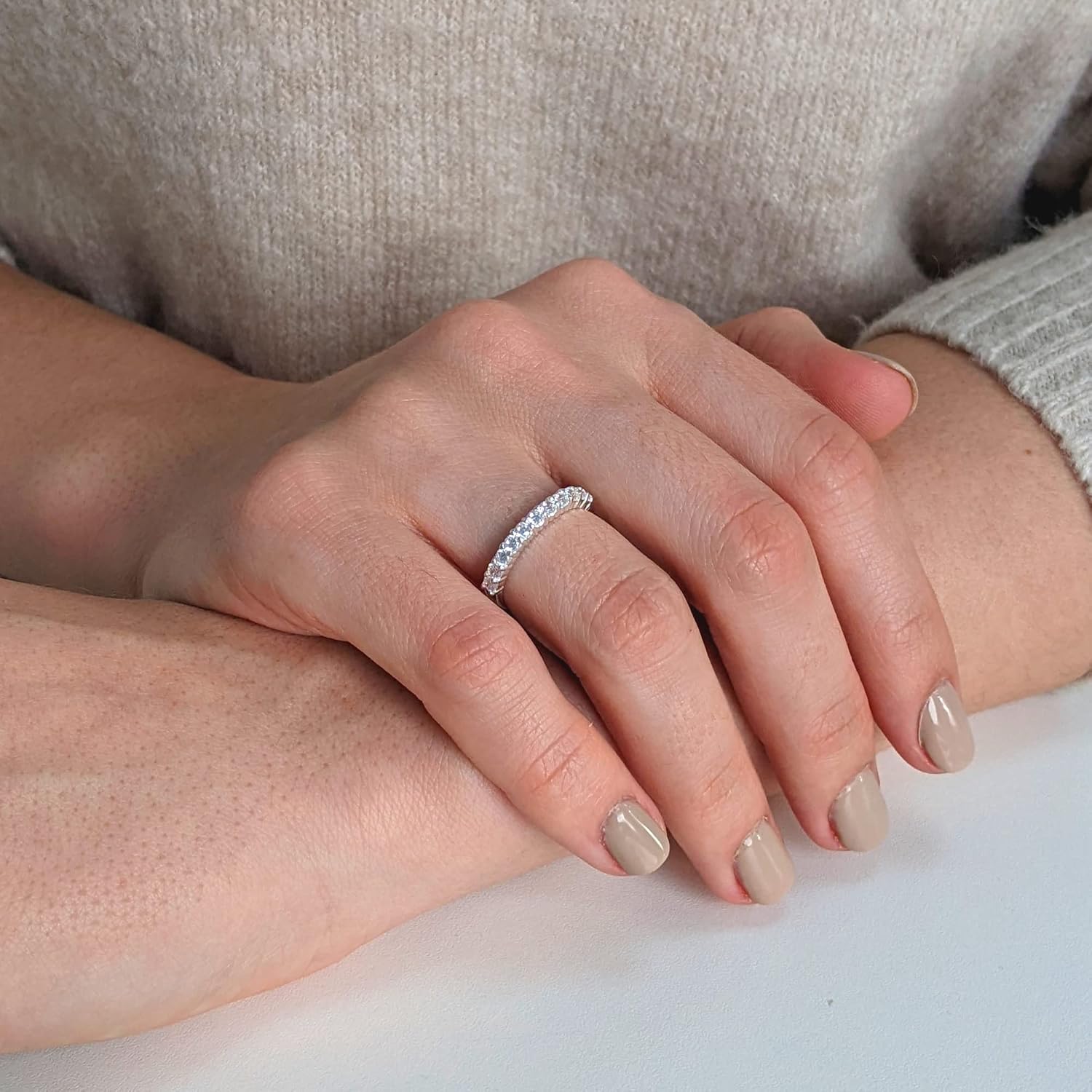 Silverly Sterling Silver Cubic Zirconia Half Eternity Ring - 925 Silver Prong-Set CZ Band Ring - Classic Sparkling Eternity Rings - Elegant Wedding Band - Minimalist Bridal Jewelry image 2