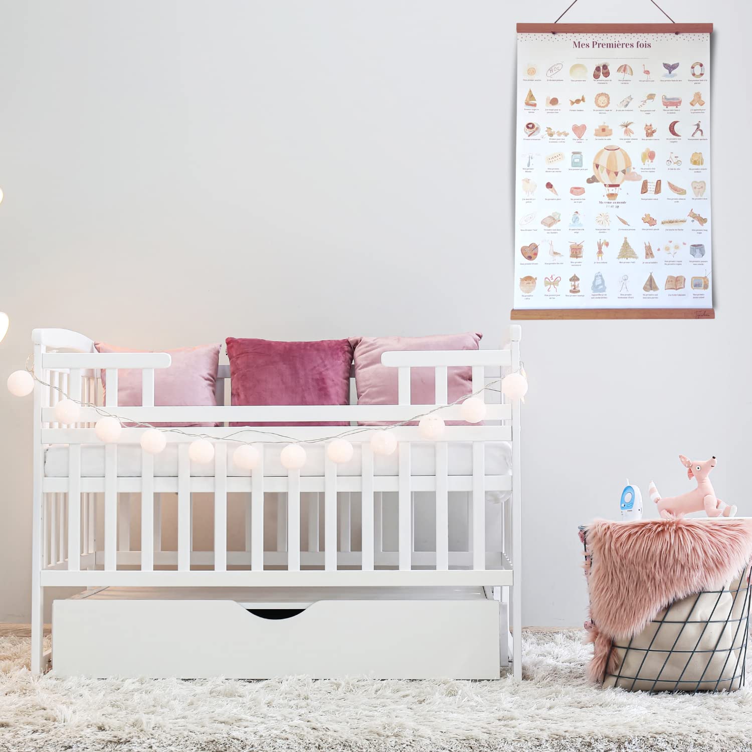 TIPICHOU Affiche mes premières fois à tamponner Cadeau naissance bébé fille garcon, boite souvenir parents, femme enceinte jeune maman (COFFRET Affiche A2+Cadre baguette+Tampon)