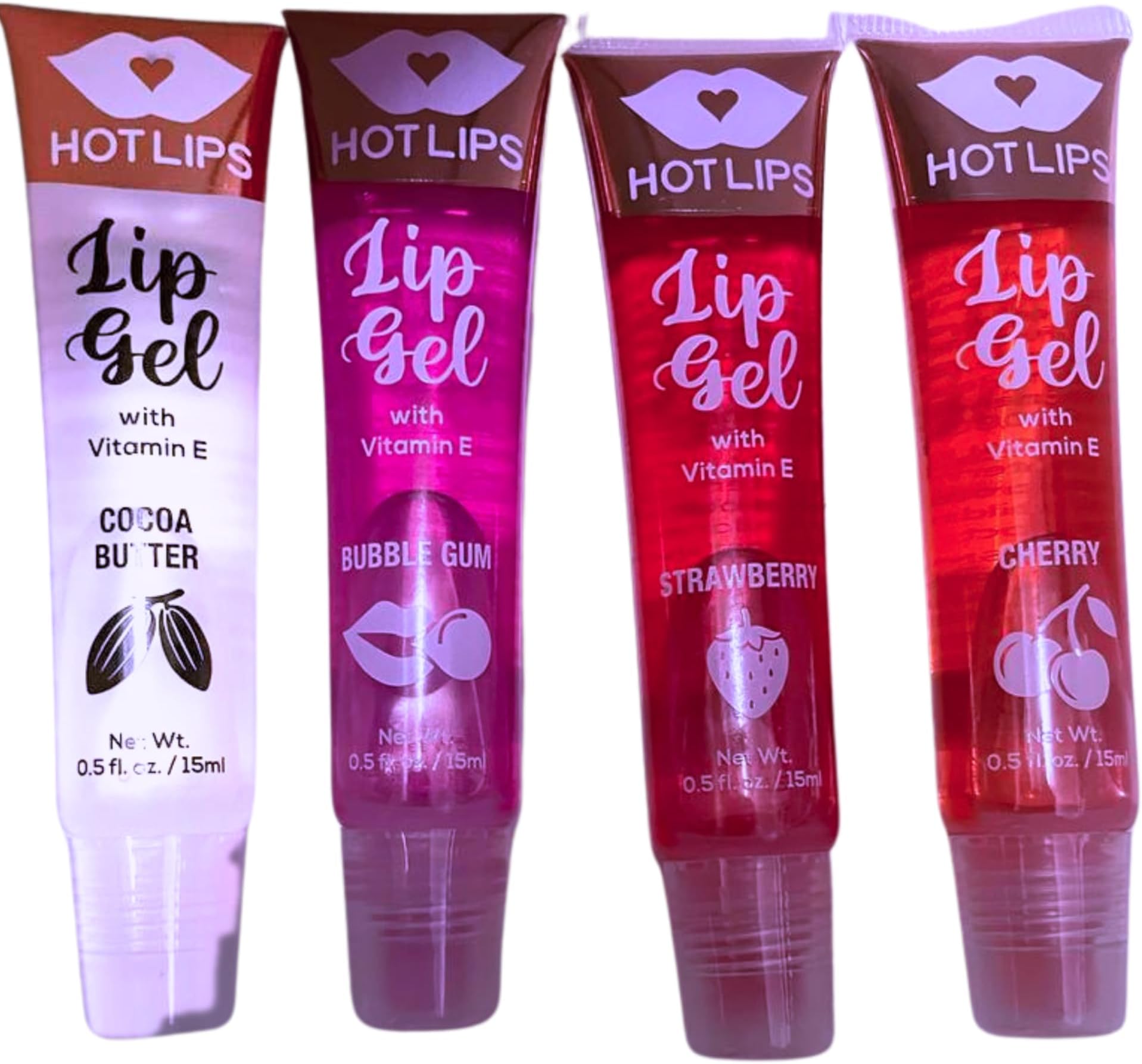 Hot Lips Gel with Vitamin E – Moisturizing & Hydrating Lip Gel - Repairs Dry & Chapped Lips Non-Stick Formula, Long-Wearing, Assorted Flavours (Pack of 4, Cherry, Bubble Gum, Strawberry, Cocoa Butter)