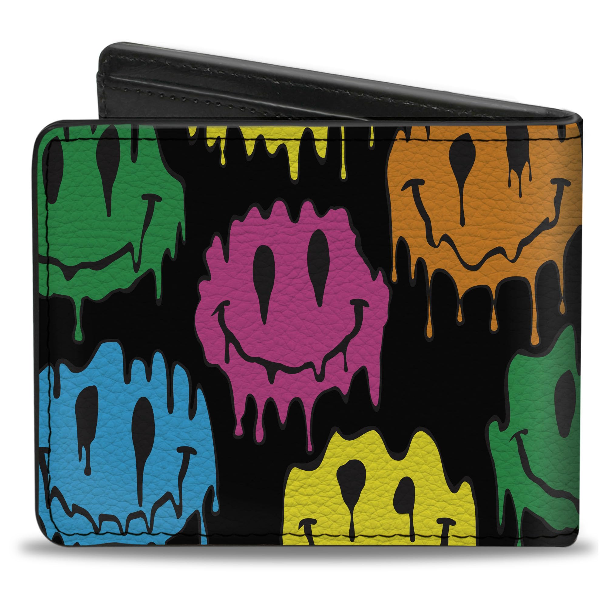 Buckle-Down Wallet, Bifold, Smiley Face Melted Repeat Black Multi Neon, Vegan Leather