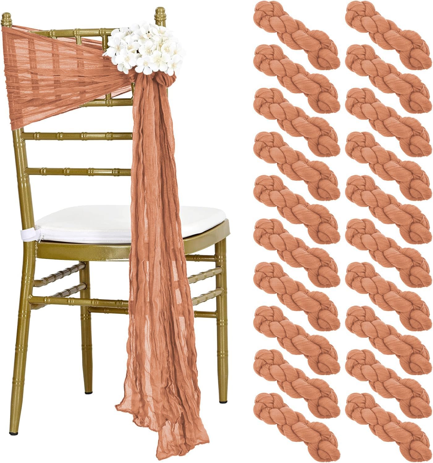 MDS Christmas Cheesecloth Chair Sashes 17x70 Inch - Pack of 10 - Rustic Gauze Chair Bows for New Year Holiday Party, Harvest Dinner, Thanksgiving, Wedding, Banquet Farmhouse Home Décor - Coral Peach