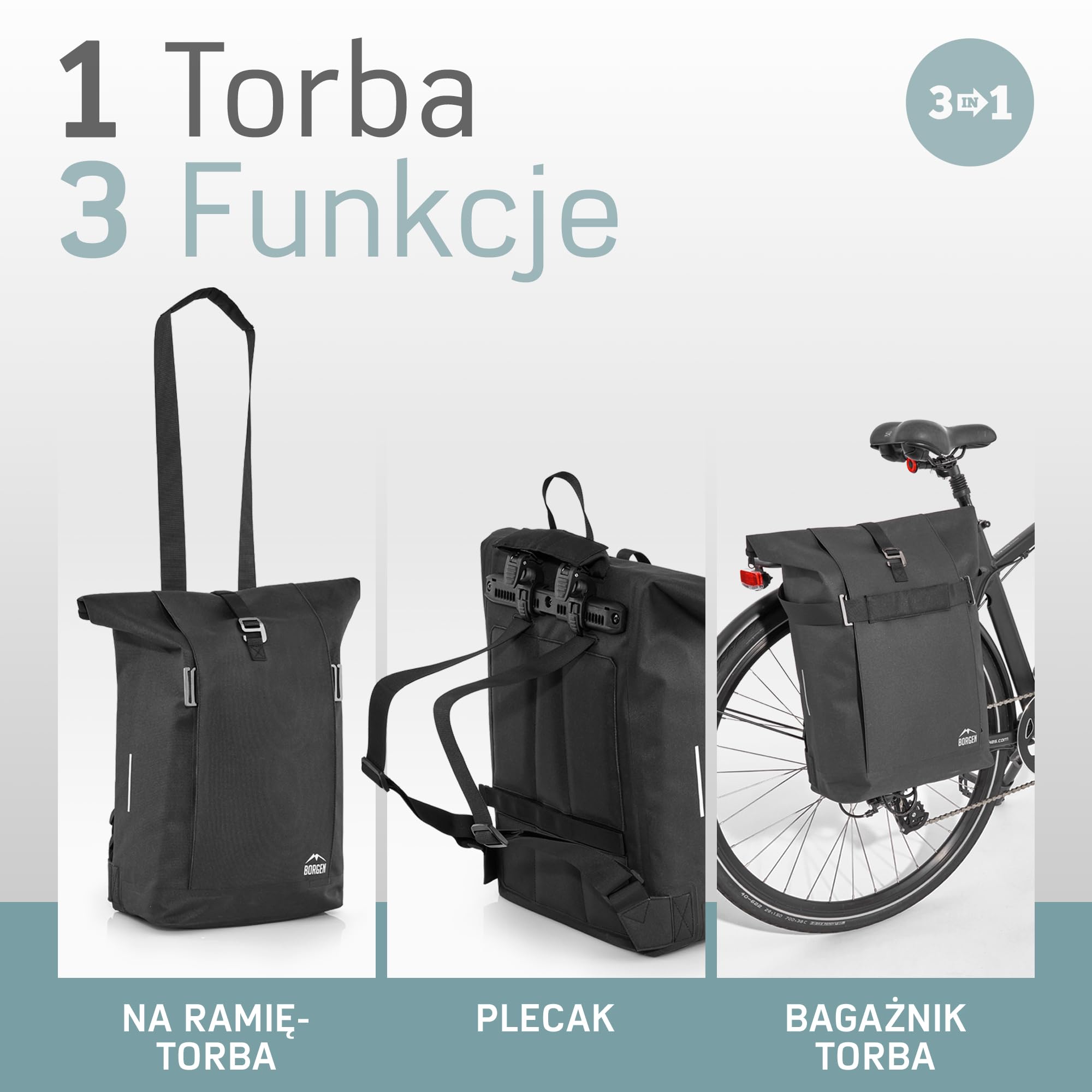 Borgen rower lifestyle torba na bagażnik z odpinaną torbą na laptopa – do wykorzystania jako sakwa, torba rowerowa, torba na ramię, torba na co dzień 28 litrów