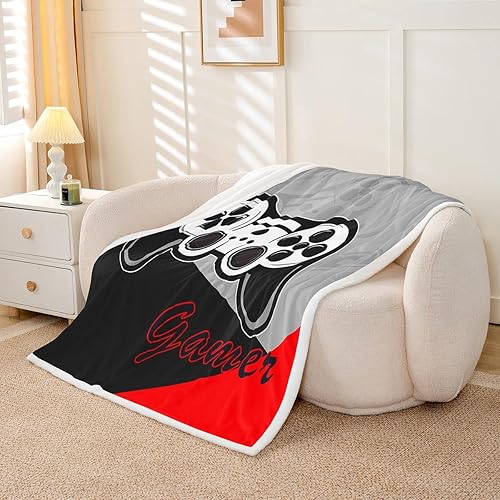 Miniatura 5 de Manfei Mantas de cama gamer para niños, adolescentes, manta de franela con estampado de consola de videojuegos en blanco y negro para sofá, manta de