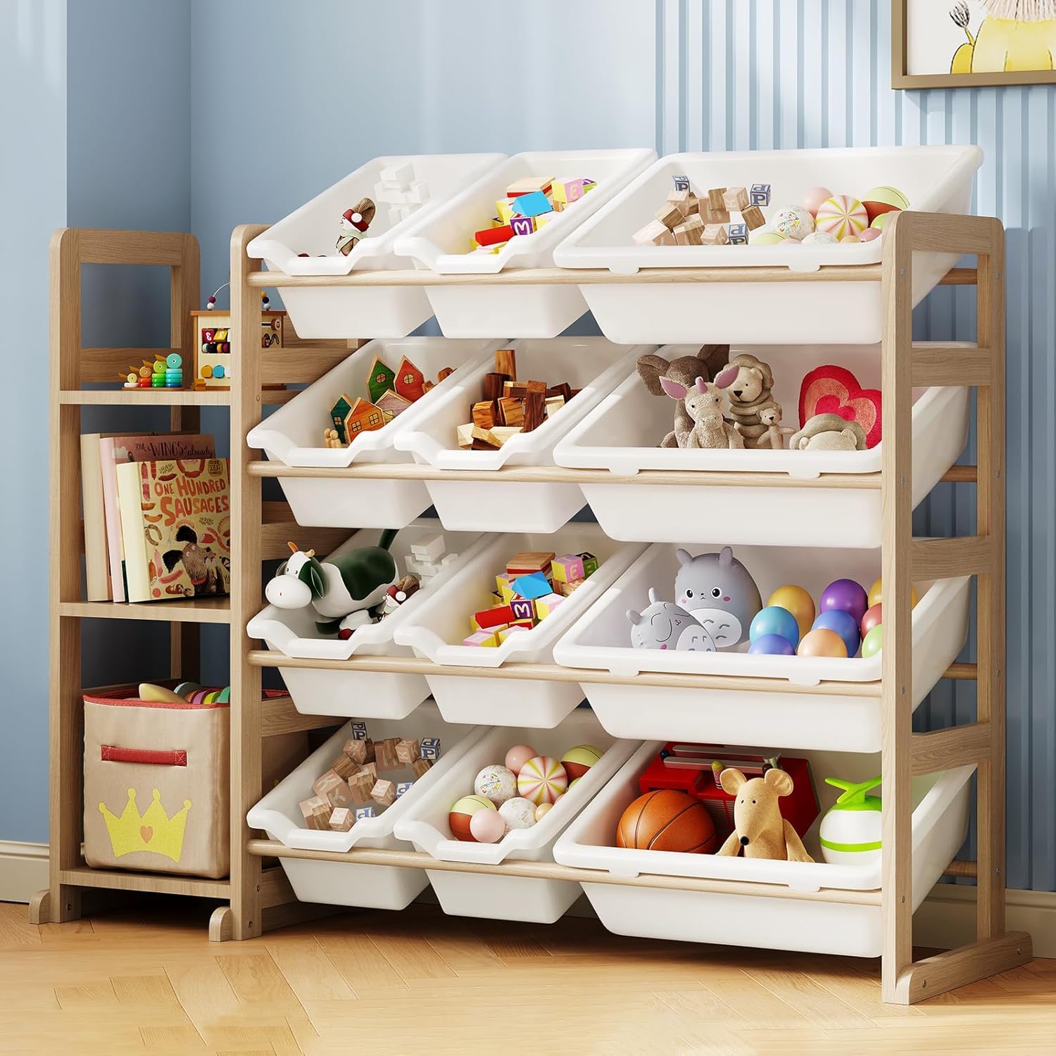 EXPERLAM Organizador de juguetes para niños, organizador de juguetes con 3 estantes y 12 contenedores de almacenamiento, estantería para niños y almacenamiento de juguetes para habitación infantil