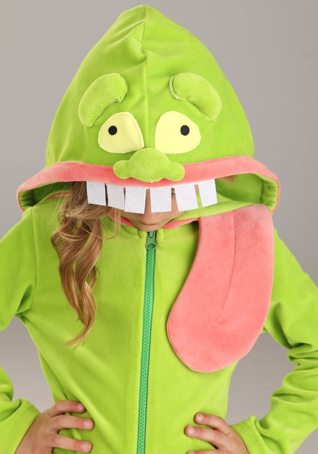 Toddler Slimer Costume | Officially Licensed Kids Ghostbusters Zip Up Hoodie With Fleece Pink Tongue Detail