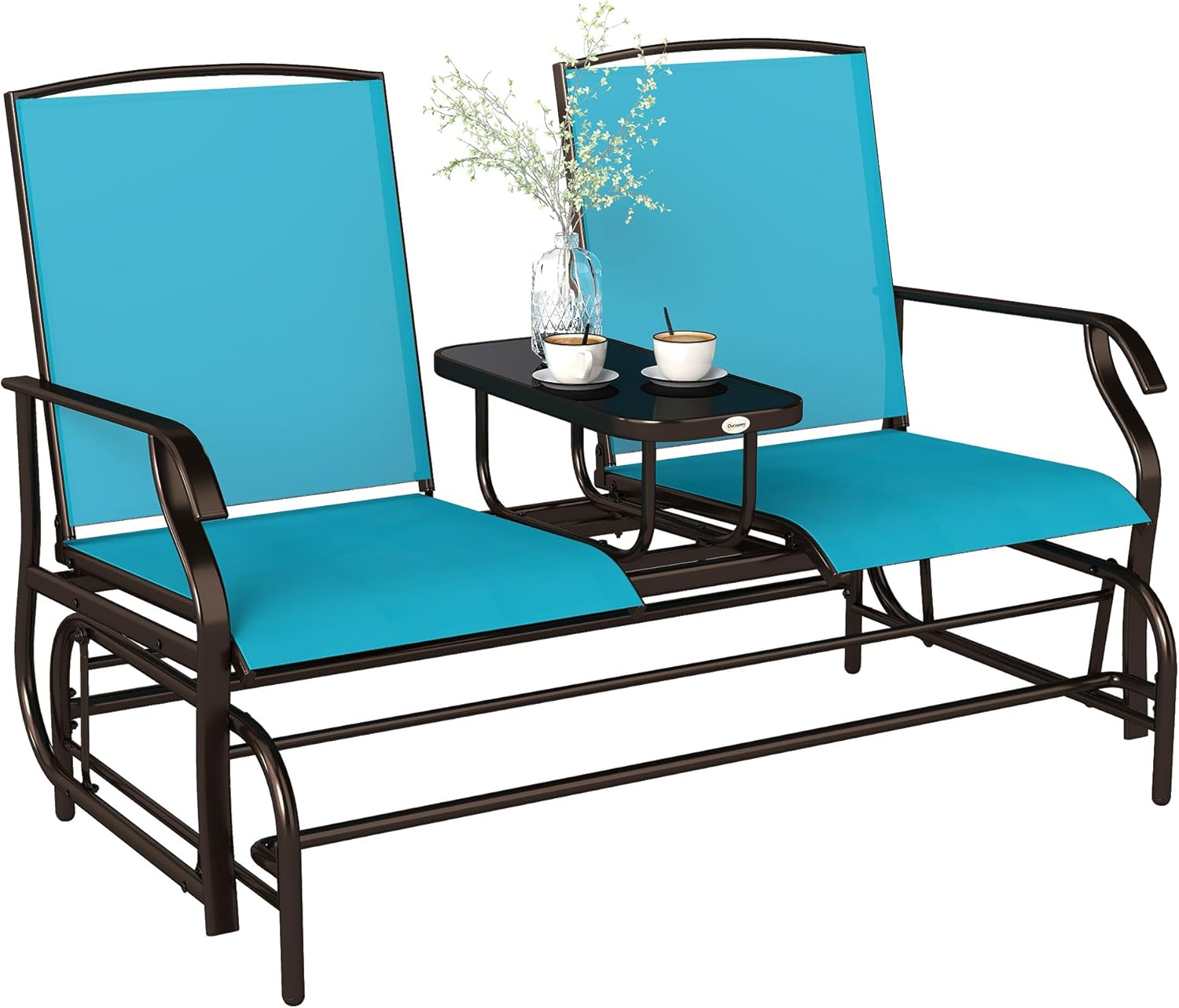 Outsunny Outdoor Glider Bench with Center Table, Metal Frame Patio Loveseat with Breathable Mesh Fabric and Armrests for Backyard Garden Porch, Blue