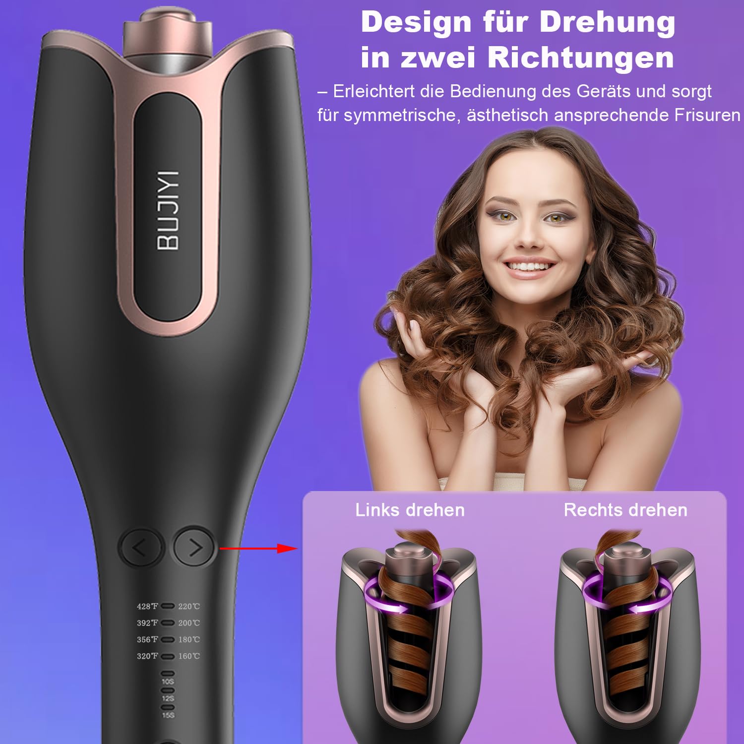 Lockenstab Automatisch,Lockenstab Große Locken mit mit 4 Temperatureinstellungen und 3 Heizzeitoptionen, Schnell Erhitzender Langanhaltende Frisur (Schwarz)
