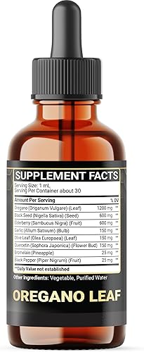 Miniatura 8 de Gotas líquidas de aceite de orégano 8 en 1 con aceite de semilla negra, ajo, saúco, hoja de olivo, quercetina, bromelina y pimienta negra, 2