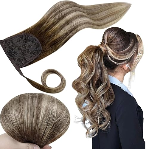 RUNATURE - Extensión de cola de caballo de cabello humano real lacio con pinzas y cinta mágica, ombré castaño nogal mezclado con castaño ceniza a