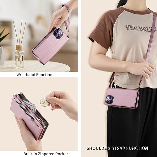 Miniatura 5 de Funda para iPhone 15, iPhone 15 para mujeres y hombres, funda de piel sintética con tapa para tarjeta de crédito RFID, correa cruzada carcasa