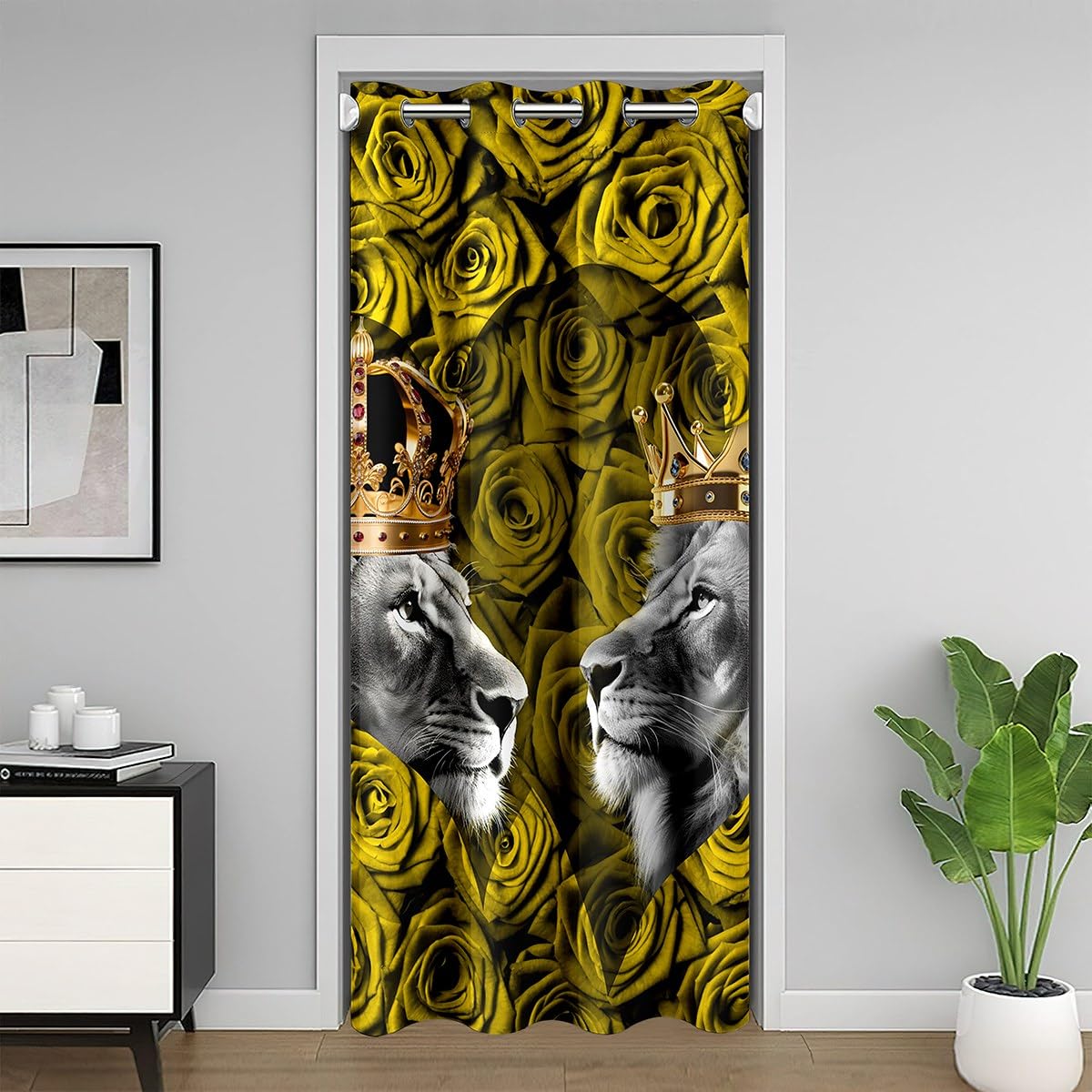 richhome Vintage Yellow Rose Door Curtain52 W X80 L Gray Lion Wild Animals Doorway Curtain Privacy For Kids Teens Adults Romantic Flowers Dreamy Heart Drape For Bedroom Doors Windows โ image 1