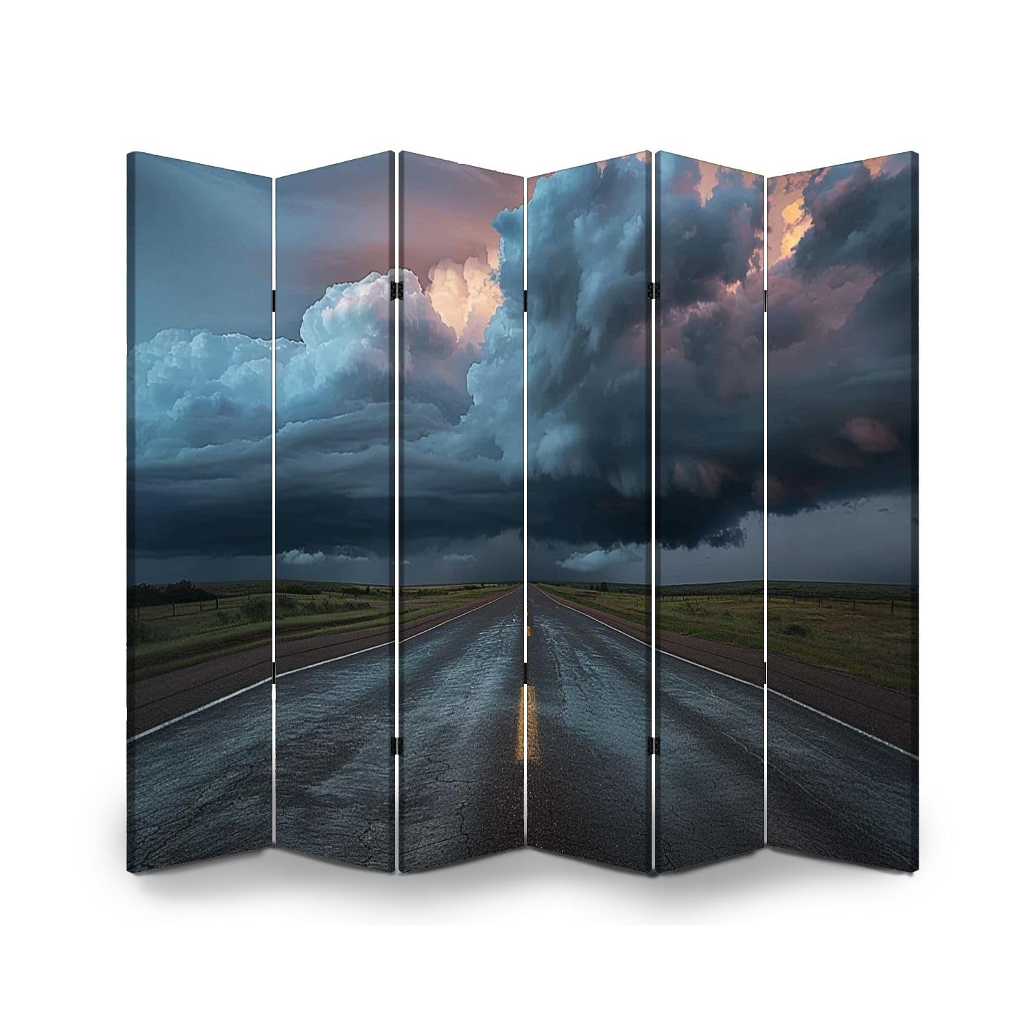 6 Panels Folding Screen Room Divider XXL Desert Road Thunderstorm Canvas Screen Indoor Separator Freestanding Protective Wall Divider Privacy