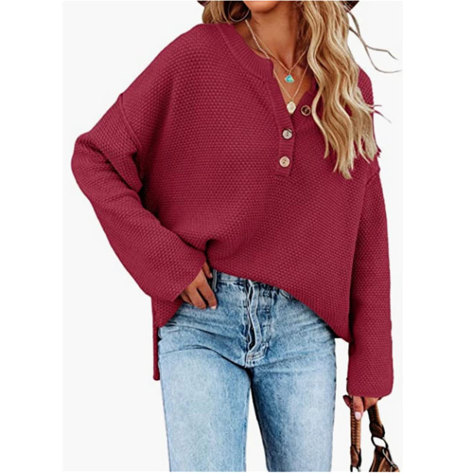 Women's Oversized Sweaters Batwing Long Sleeve Loose V Neck Button Tops Pullover Knit Jumper