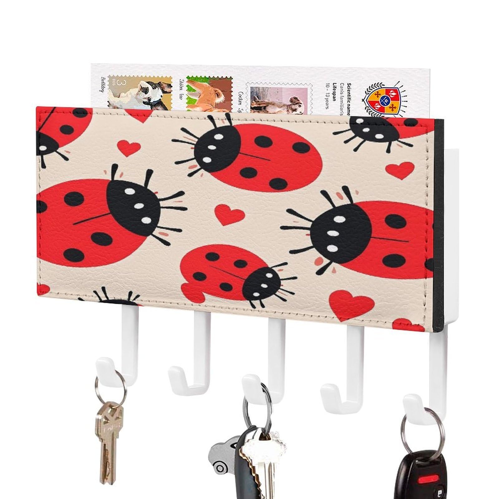 FekiLoot Ladybug Key Holder Wall Mount Key Hanger with 5 Hooks Decorative Key Rack Hanging Key Hooks with Mail Organizer Key Holder for Wall Living Room Kitchen Bathroom Hallway White